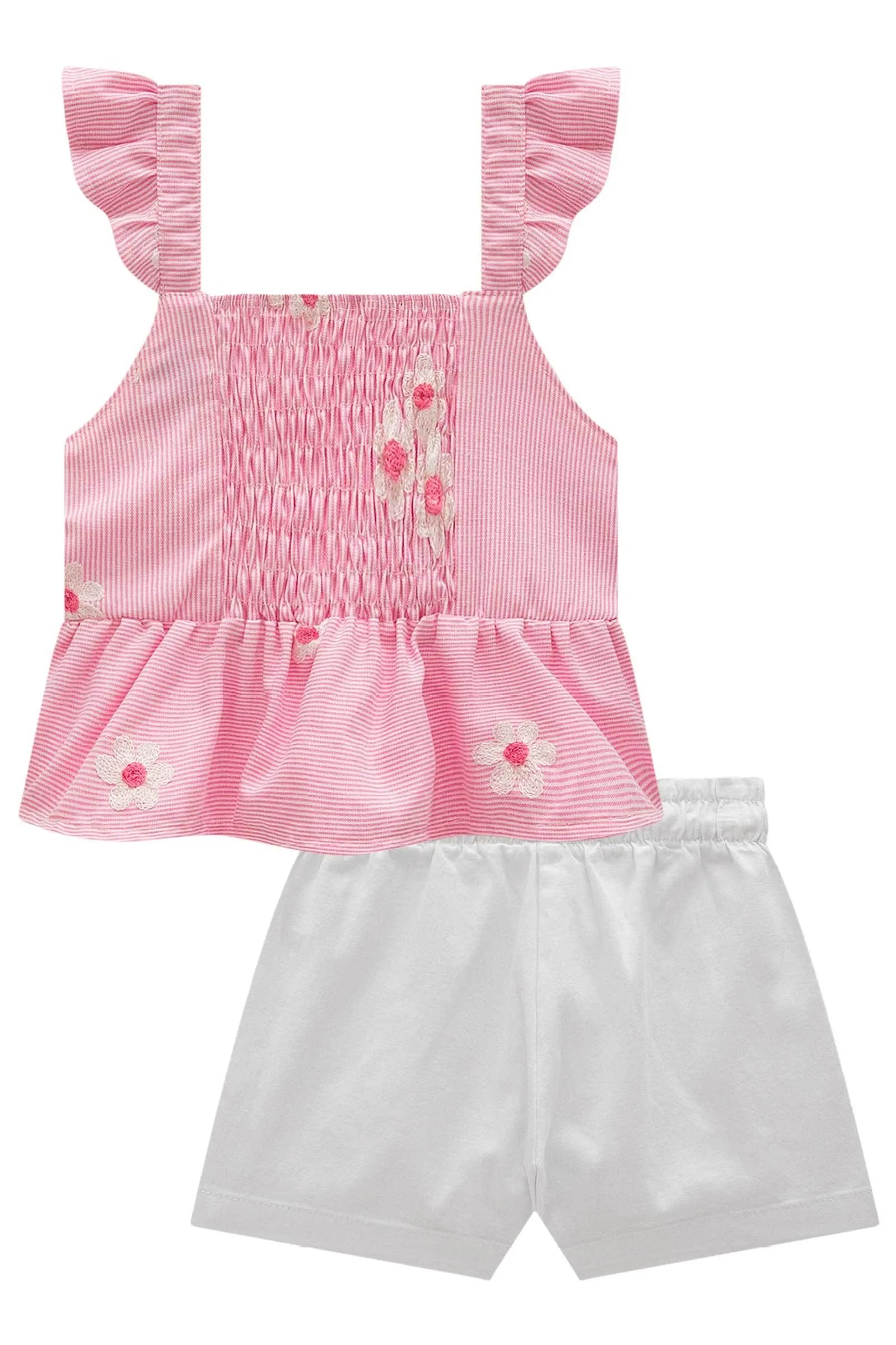 Conjunto de Bata em Tricoline Bordado Flores com Shorts em Sarja com Elastano 98906 Infanti Infantil Menina