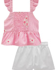 Conjunto de Bata em Tricoline Bordado Flores com Shorts em Sarja com Elastano 98906 Infanti Infantil Menina