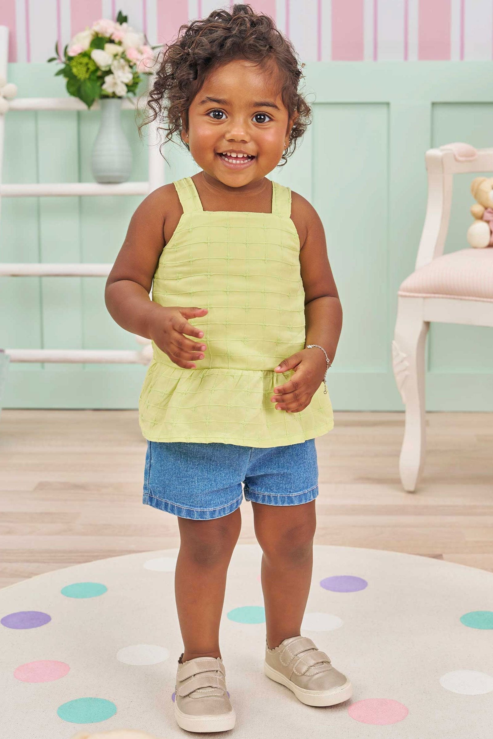 Conjunto de Bata em Tricoline Malta Bordado e Shorts em Jeans Bellini com Elastano 75455 Infanti