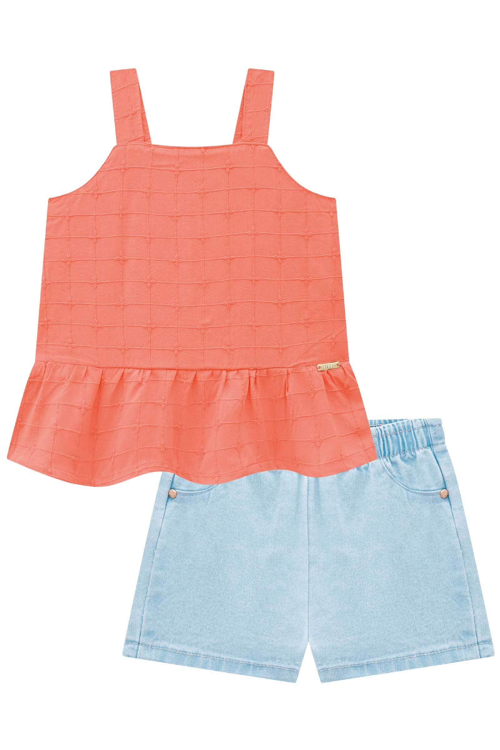 Conjunto de Bata em Tricoline Malta Bordado e Shorts em Jeans Bellini com Elastano 75455 Infanti