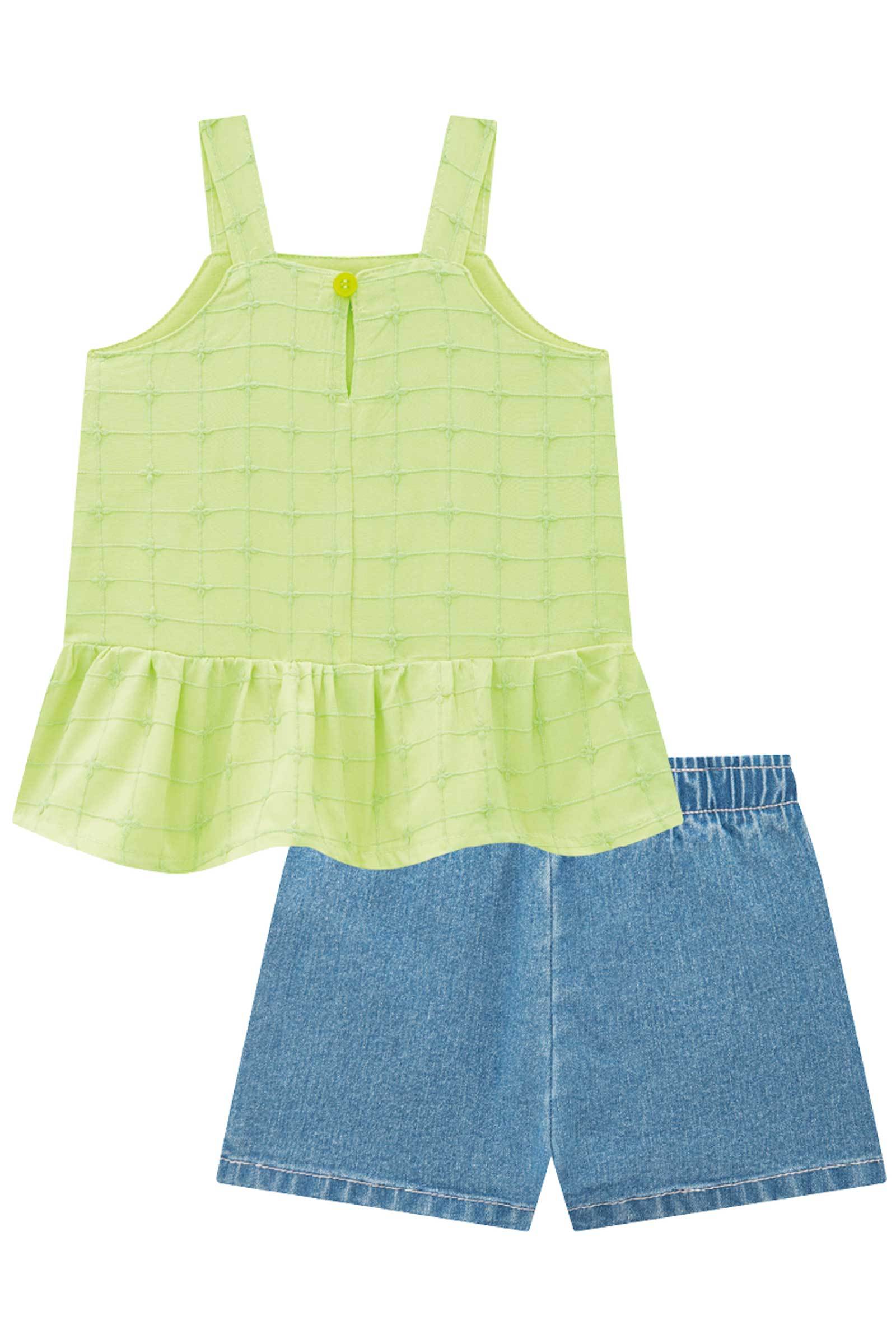 Conjunto de Bata em Tricoline Malta Bordado e Shorts em Jeans Bellini com Elastano 75455 Infanti