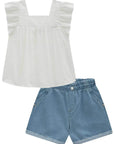 Conjunto de Bata em Tricoline Maquinetado e Shorts em Jeans 96893 Infanti Infantil Menina