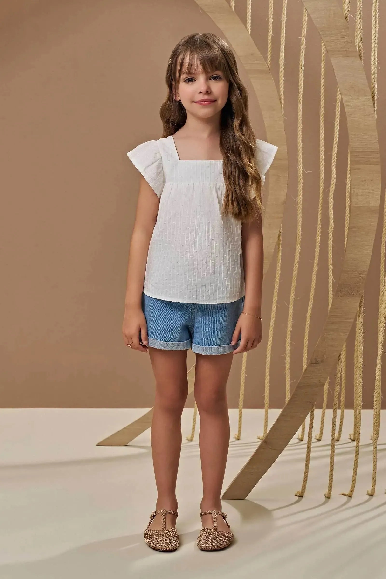 Conjunto de Bata em Tricoline Maquinetado e Shorts em Jeans 96893 Infanti Infantil Menina