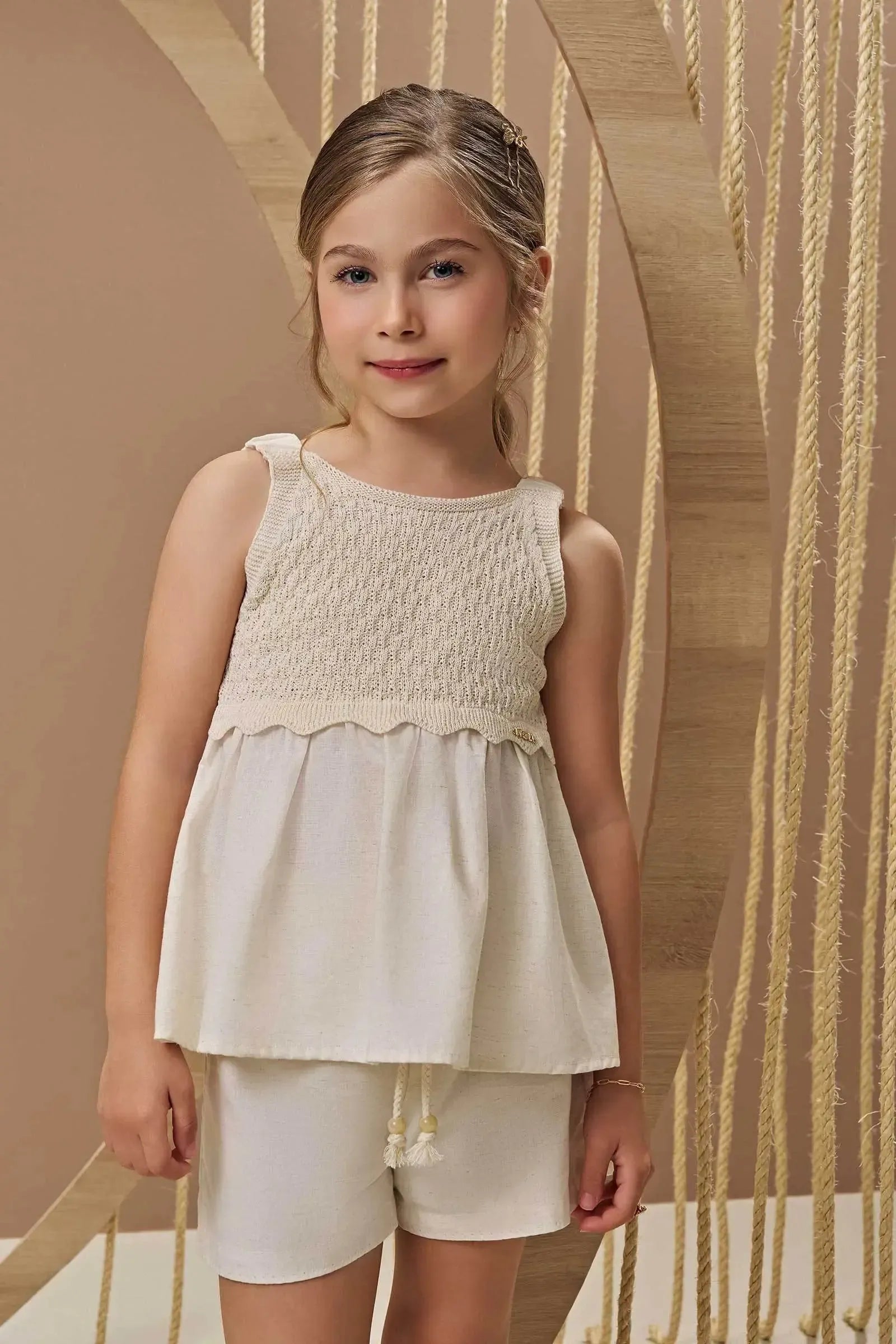 Conjunto de Bata em Tricot 100% Algodão e Shorts em Linho Deluxe 94907 Infanti Infantil Menina