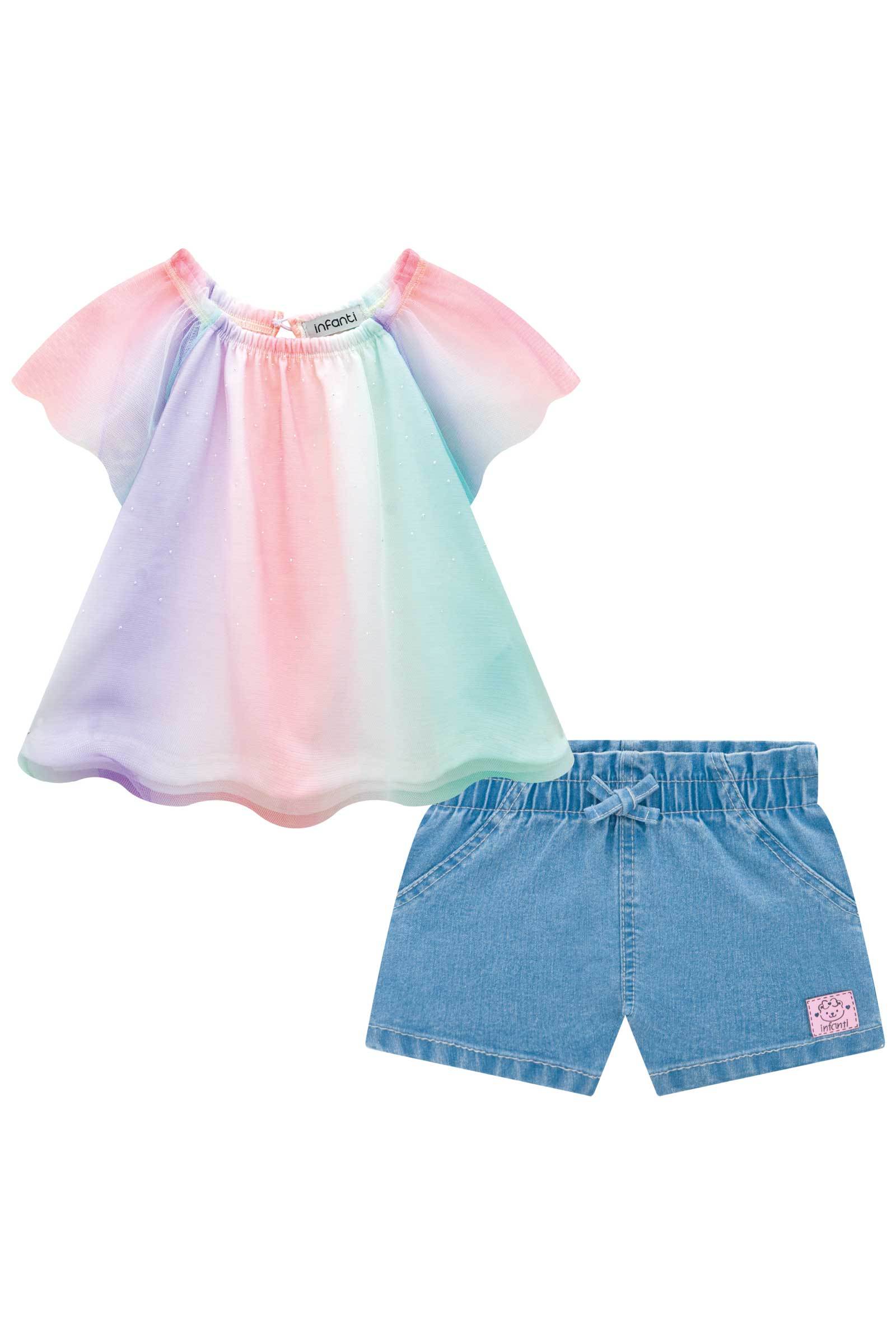 Conjunto de Bata em Tule e Malha Fresh com Shorts em Jeans Bellini com Elastano 75653 Infanti