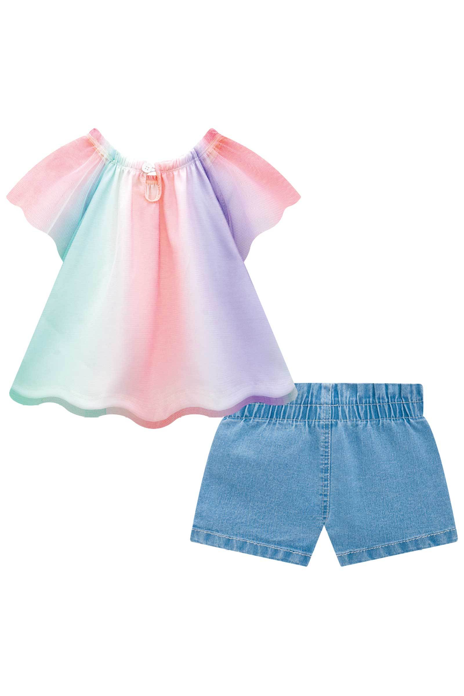 Conjunto de Bata em Tule e Malha Fresh com Shorts em Jeans Bellini com Elastano 75653 Infanti