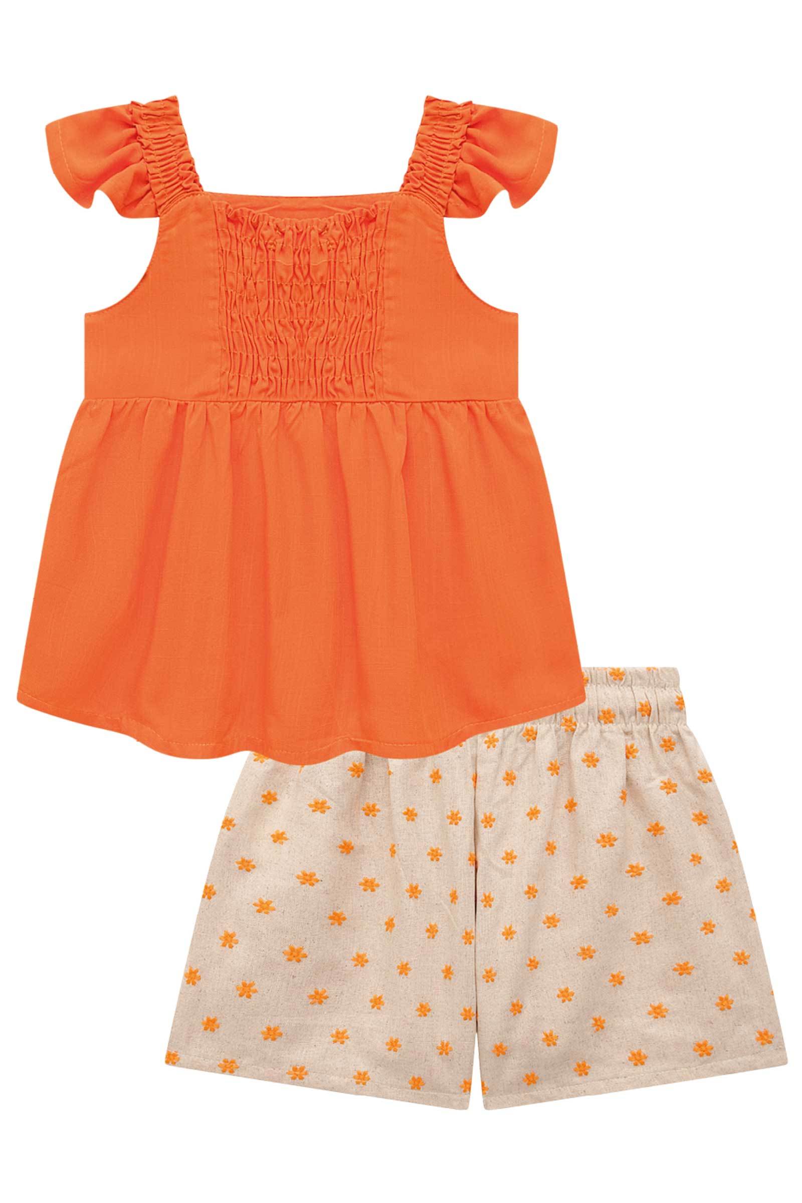 Conjunto de Bata em Viscose com Shorts em Linho Bordado Flores 74929 Infanti