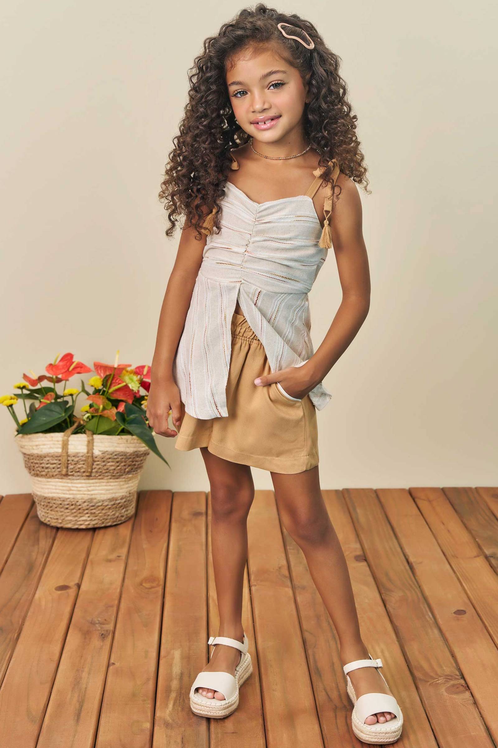 Conjunto de Bata Túnica em Linho Listrado com Shorts em Viscose 77039 Infanti