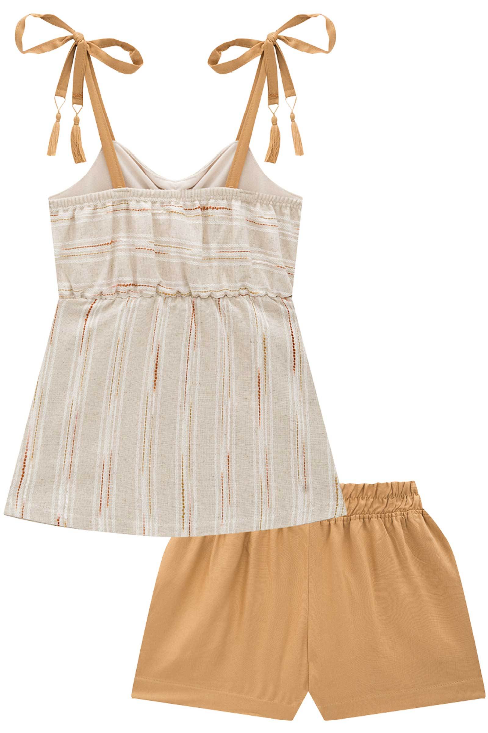 Conjunto de Bata Túnica em Linho Listrado com Shorts em Viscose 77039 Infanti