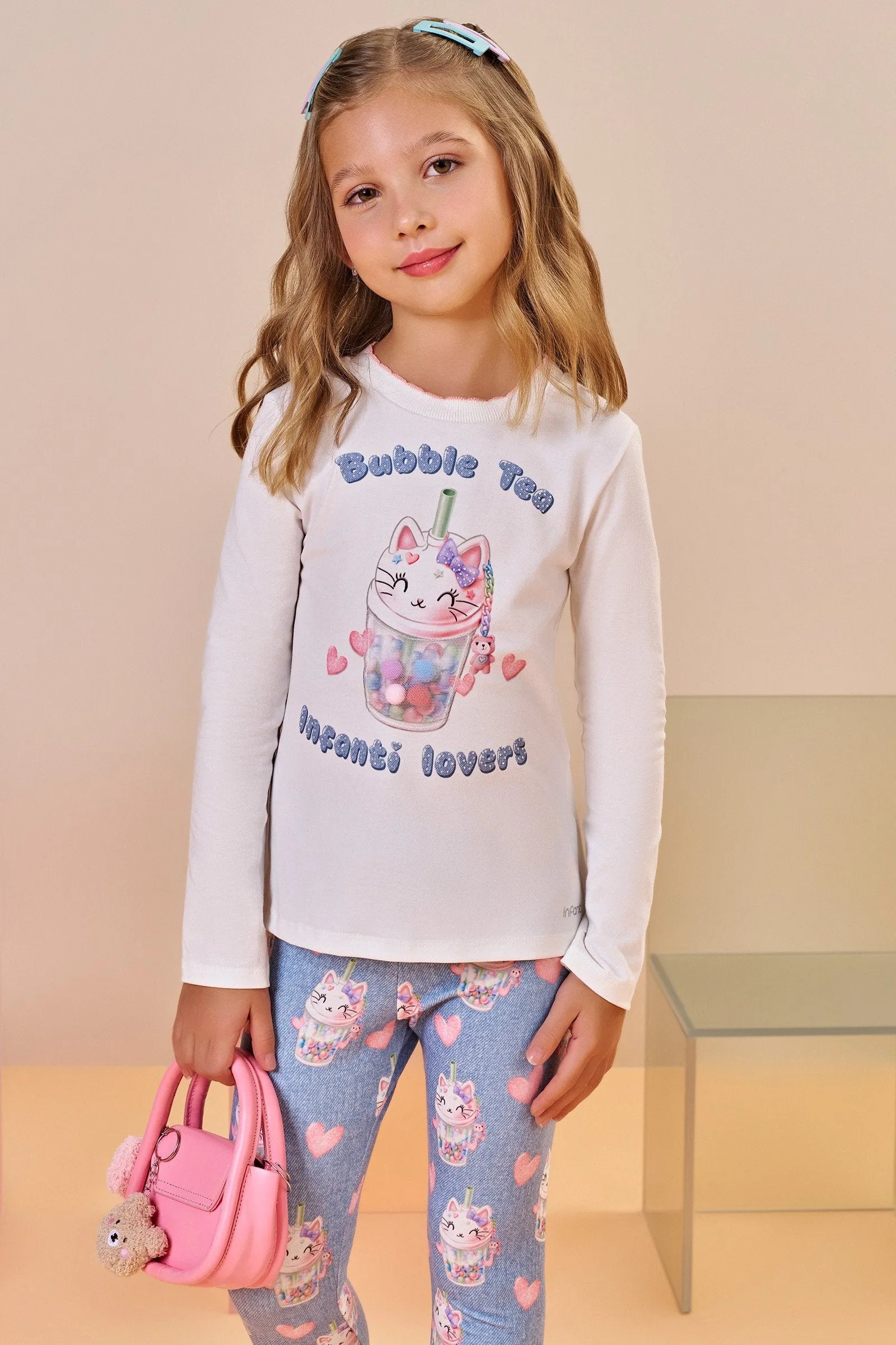Conjunto de Blusa Alongada em Cotton e Calça Legging em Molecotton 91803 Infanti Infantil Menina