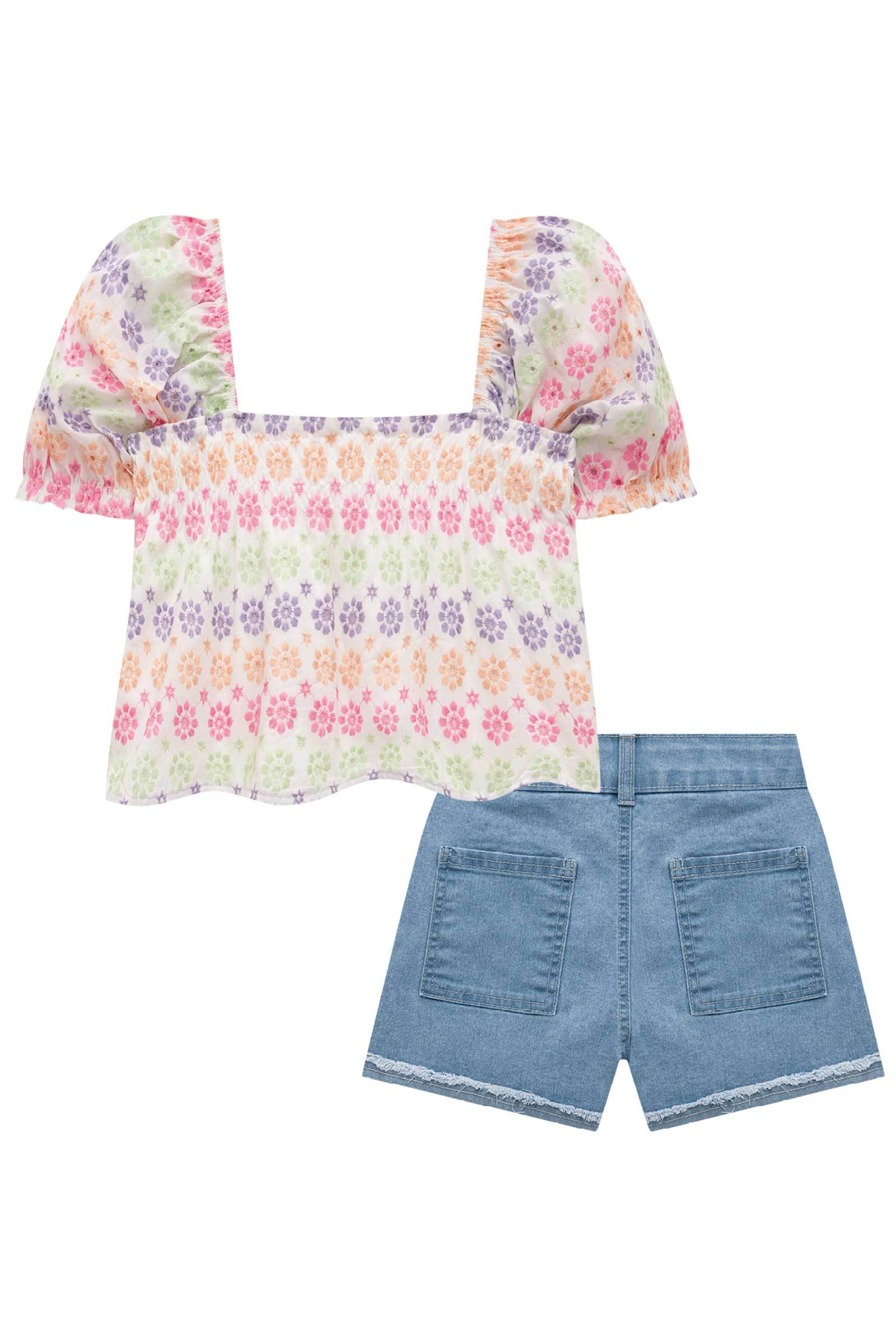 Conjunto de Blusa Bata em Laise Floreale com Shorts em Jeans Bellini com Elastano 74240 Infanti