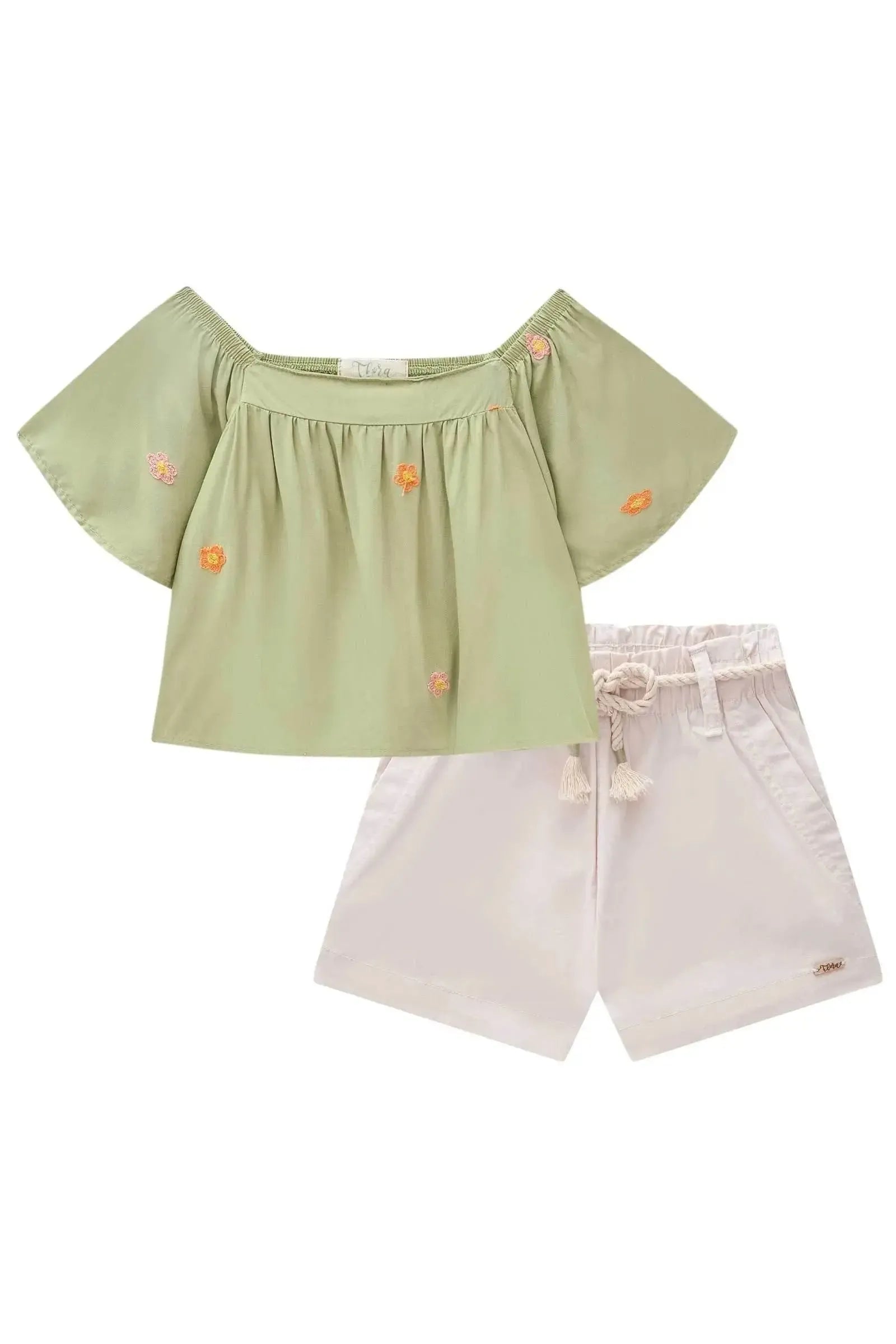 Conjunto de Blusa Bata em Viscose Bordado Flores e Shorts em Sarja com Elastano 85460 Infanti Infantil Menina