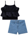 Conjunto de Blusa Boxy Canelado Maui e Viscose com Shorts em Jeans Bellini com Elastano 76125 Infanti