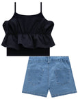 Conjunto de Blusa Boxy Canelado Maui e Viscose com Shorts em Jeans Bellini com Elastano 76125 Infanti