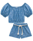 Conjunto de Blusa Boxy e Shorts Conf. em Denim Bordado 74305 Infanti