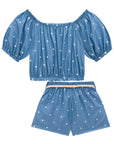 Conjunto de Blusa Boxy e Shorts Conf. em Denim Bordado 74305 Infanti