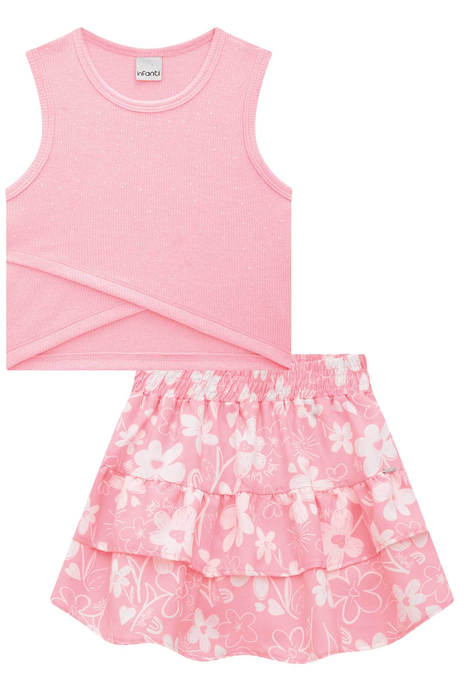 Conjunto de Blusa Boxy em Canelado Trançado com Saia em Air Flow. Com Shorts Embutido 76215 Infanti