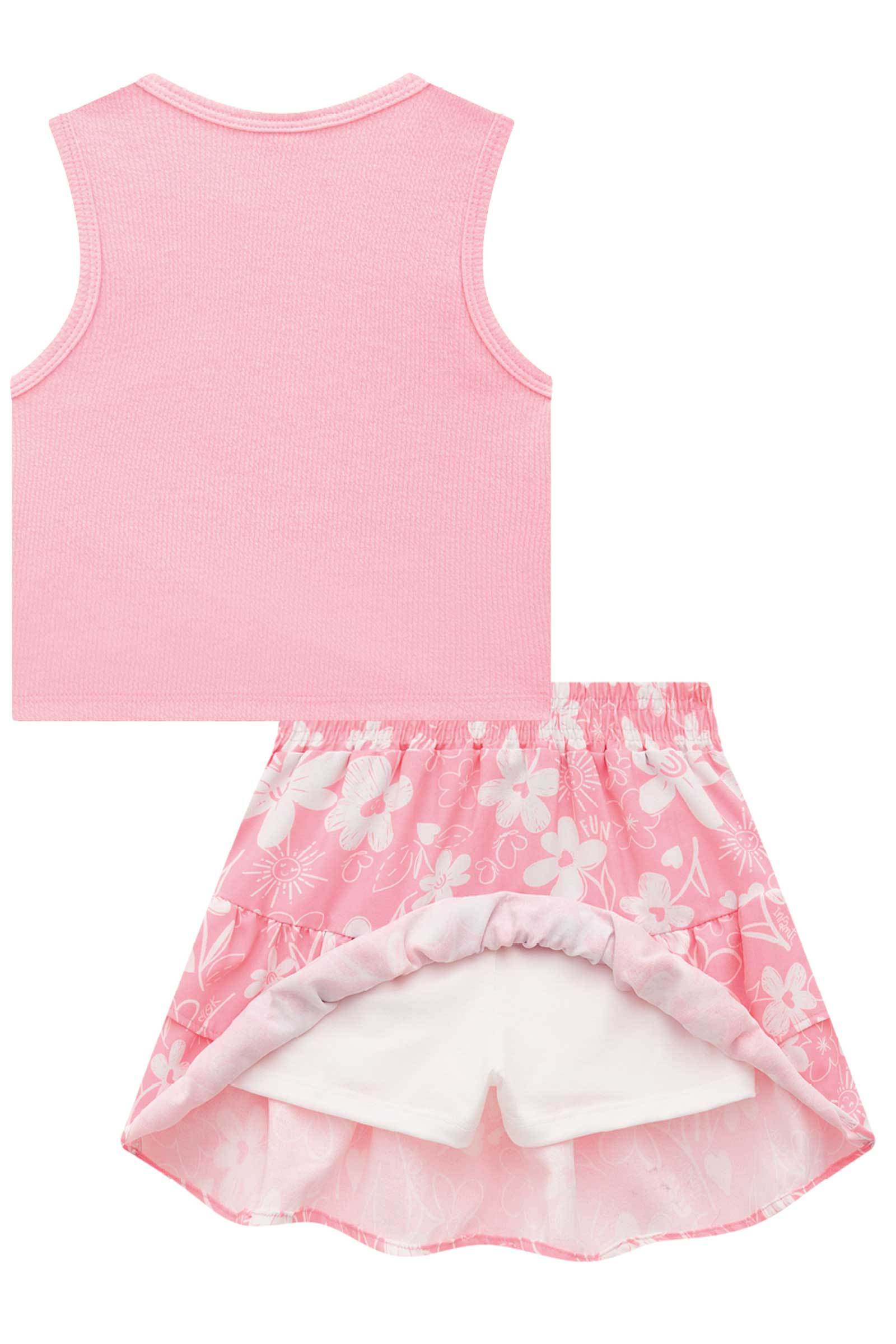 Conjunto de Blusa Boxy em Canelado Trançado com Saia em Air Flow. Com Shorts Embutido 76215 Infanti