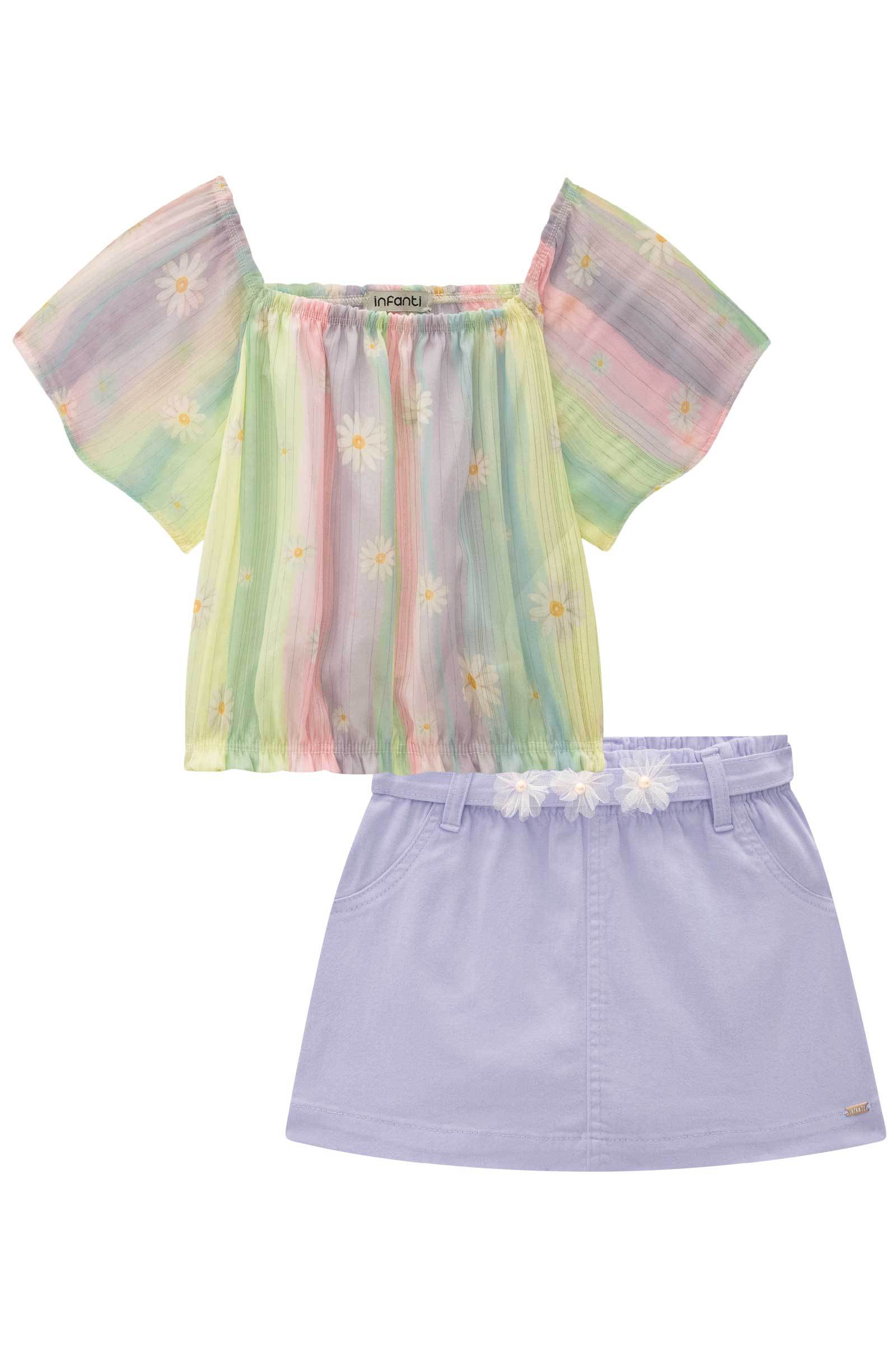 Conjunto de Blusa Boxy em Chiffon Brilho e Short Saia em Sarja Onix com Elastano 77909 Infanti