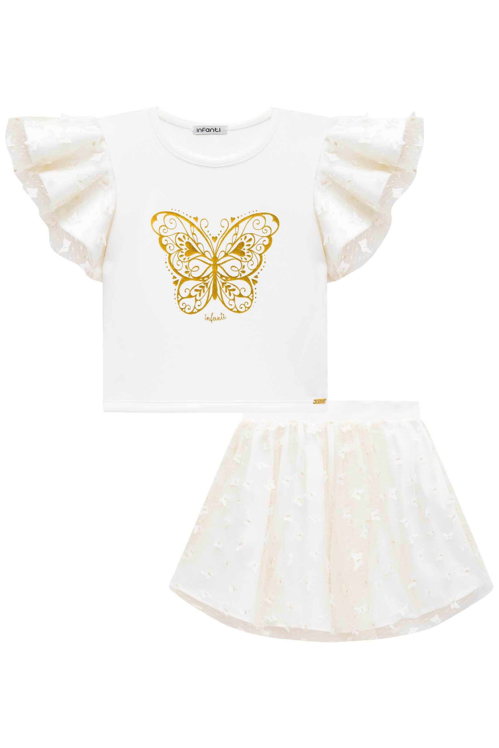 Conjunto de Blusa Boxy em Fly Tech e Tule Borboleta com Saia em Tule Borboleta. 75251 Infanti