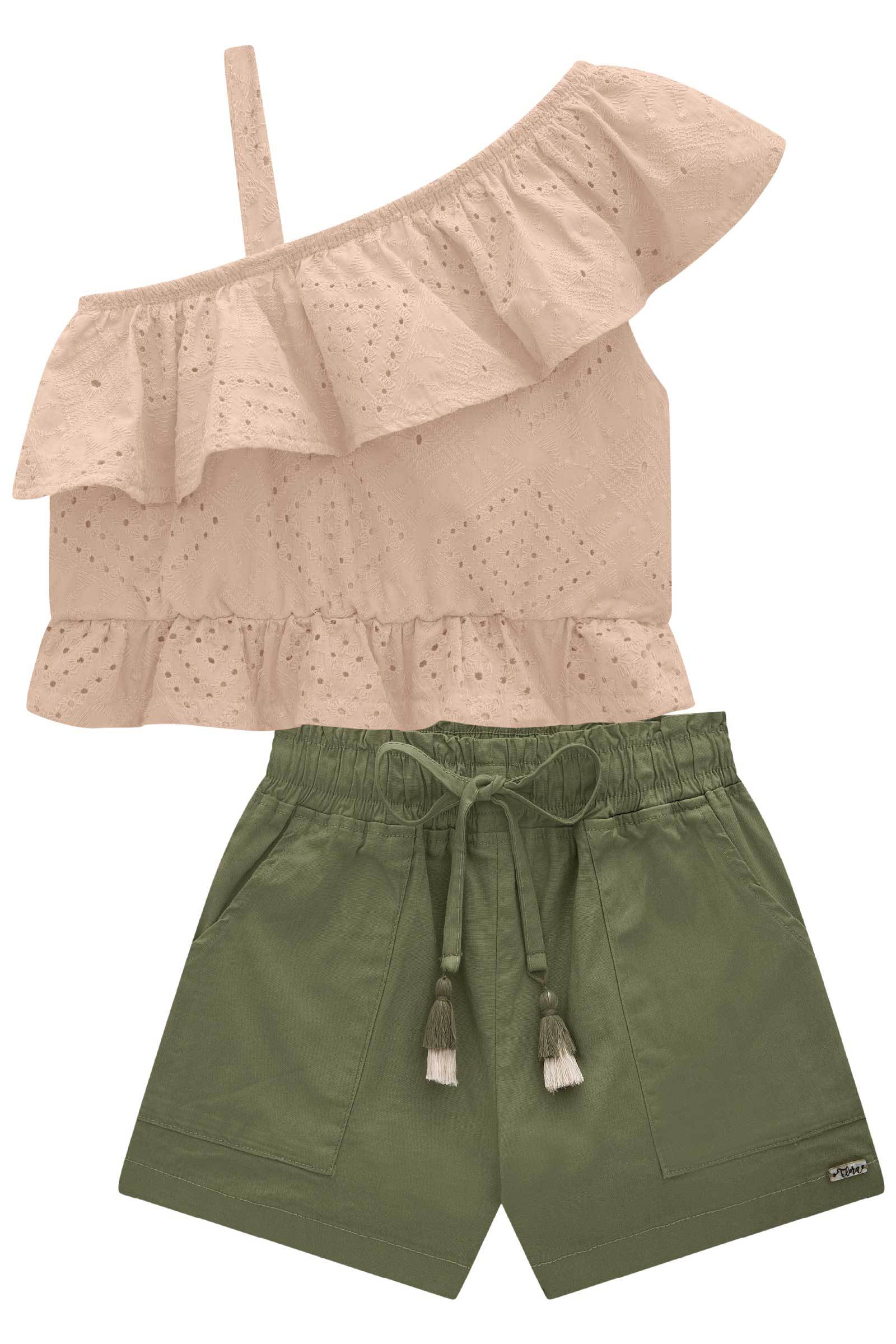 Conjunto de Blusa Boxy em Laise com Shorts em Sarja Onix com Elastano 76396 Infanti