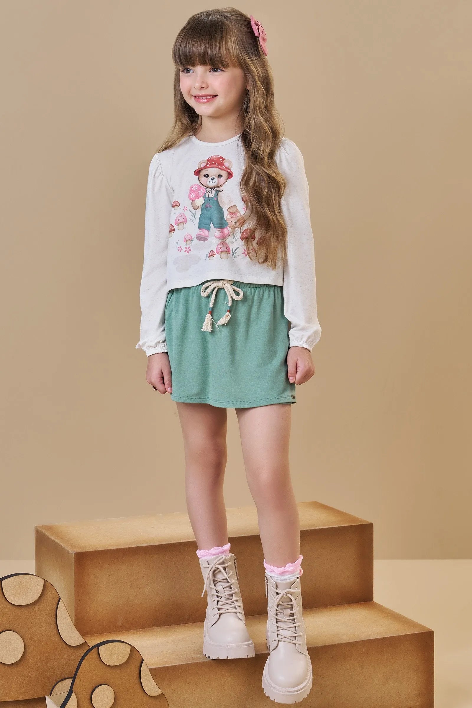 Conjunto de Blusa Boxy em Malha Comfy e Short Saia em Molevisco 90503 Infanti Infantil Menina