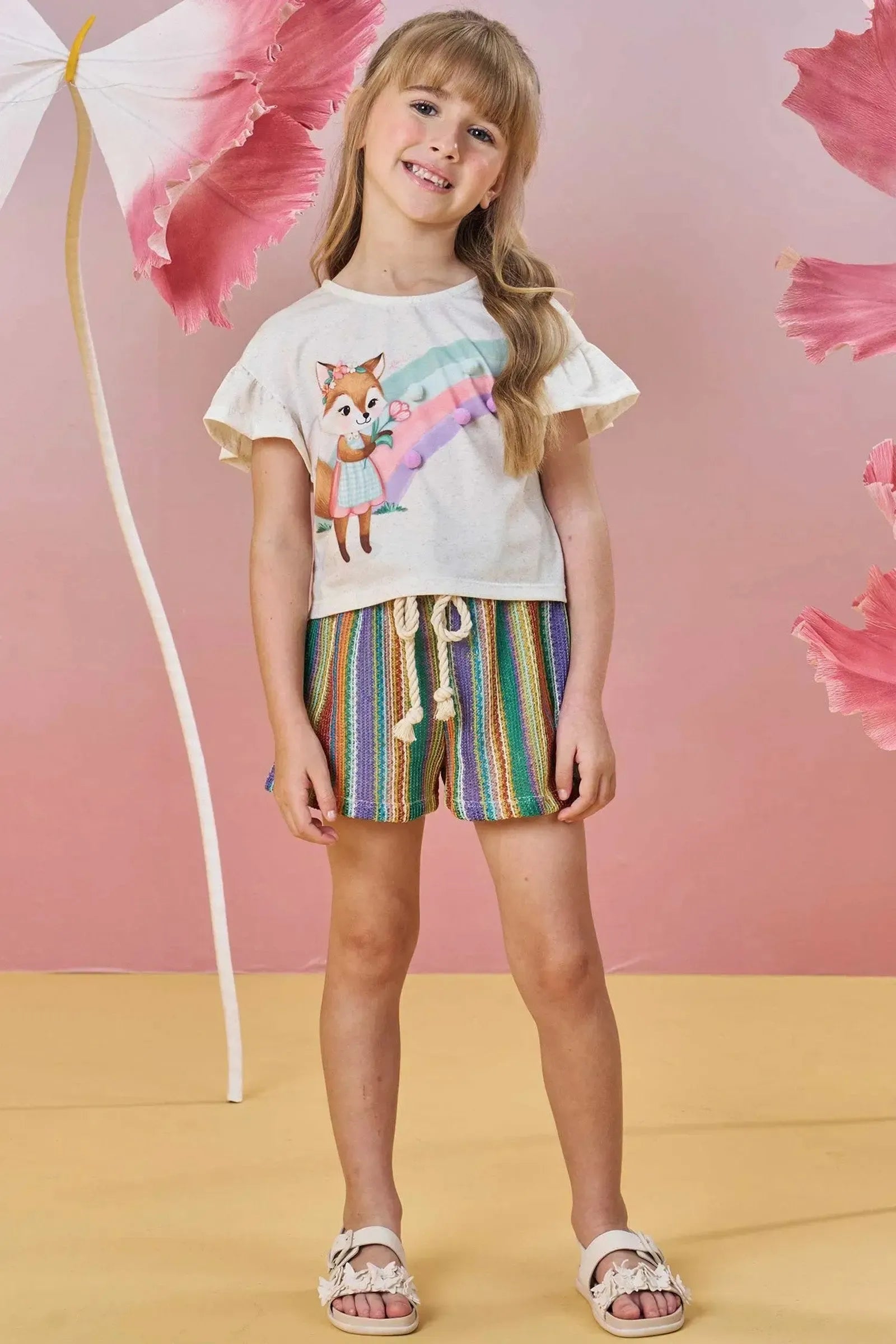 Conjunto de Blusa Boxy em Malha Fresh com Shorts em Malha Tricô 85471 Infanti Infantil Menina