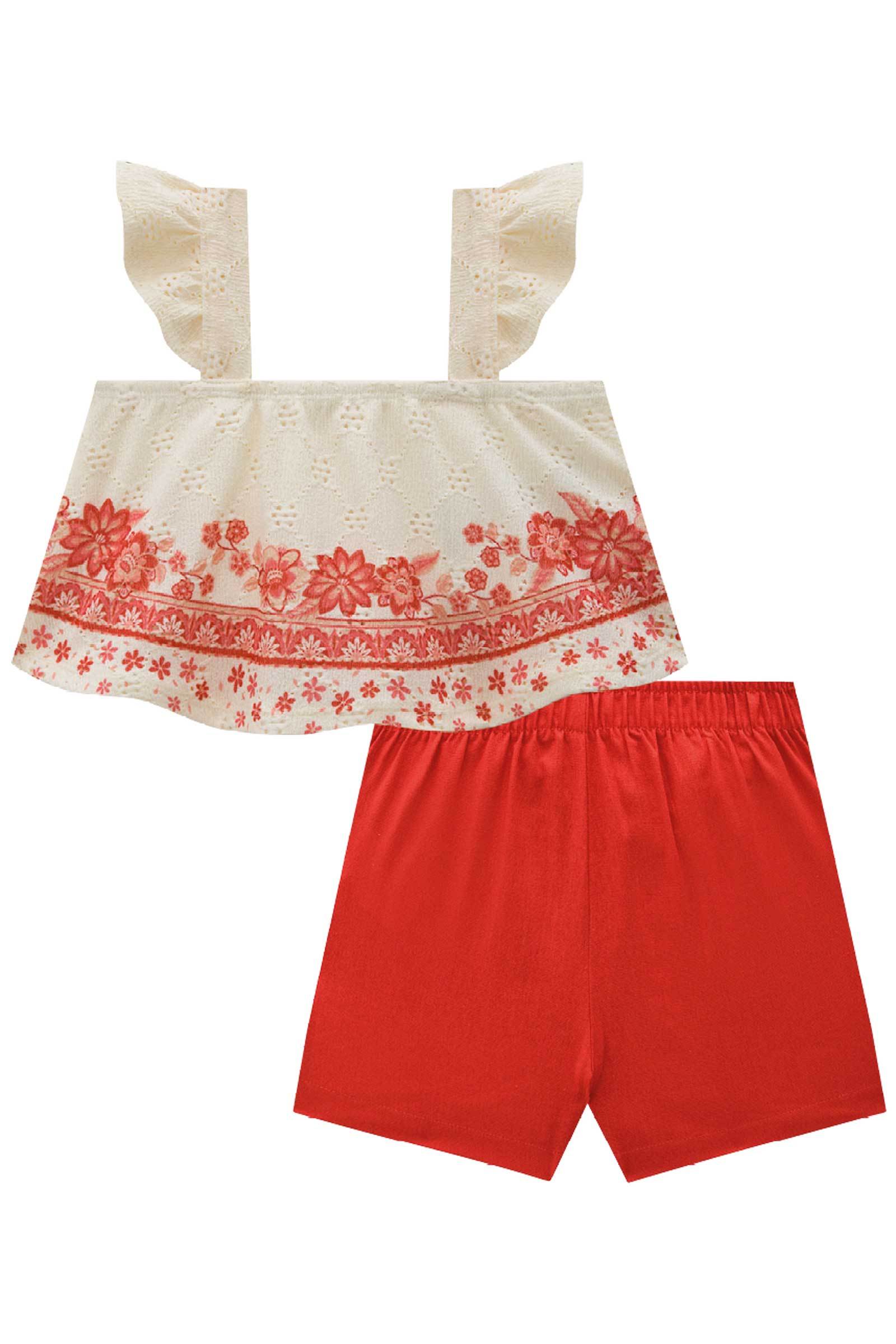 Conjunto de Blusa Boxy em Malha Laise com Short Saia em Linho 77084 Infanti