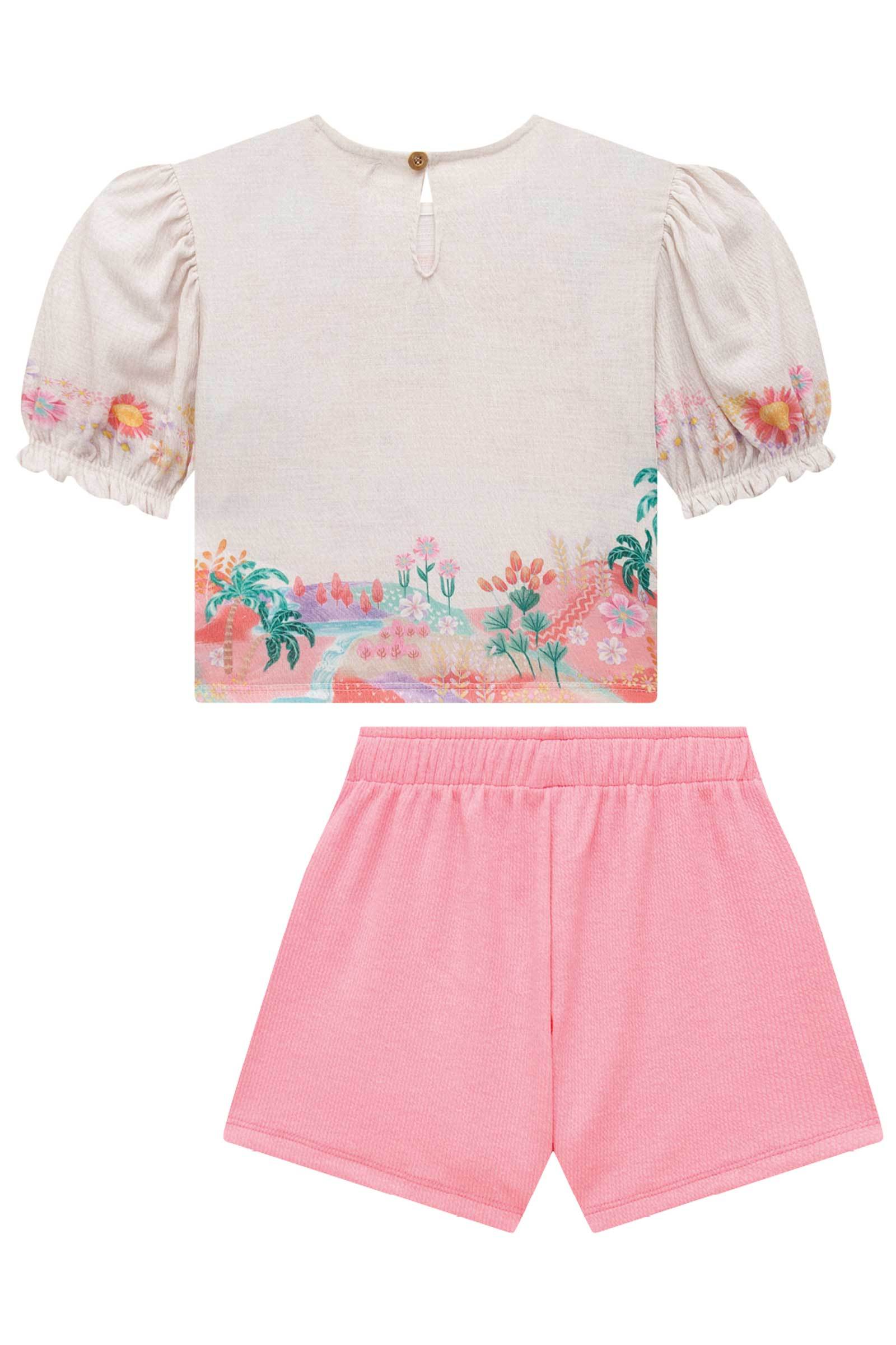 Conjunto de Blusa Boxy em Malha Wave com Shorts em Canelado Trançado 74935 Infanti