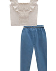 Conjunto de Blusa Boxy em Malha Wave Linho com Calça Slouchy em Jeans Bellini com Elastano 76194 Infanti