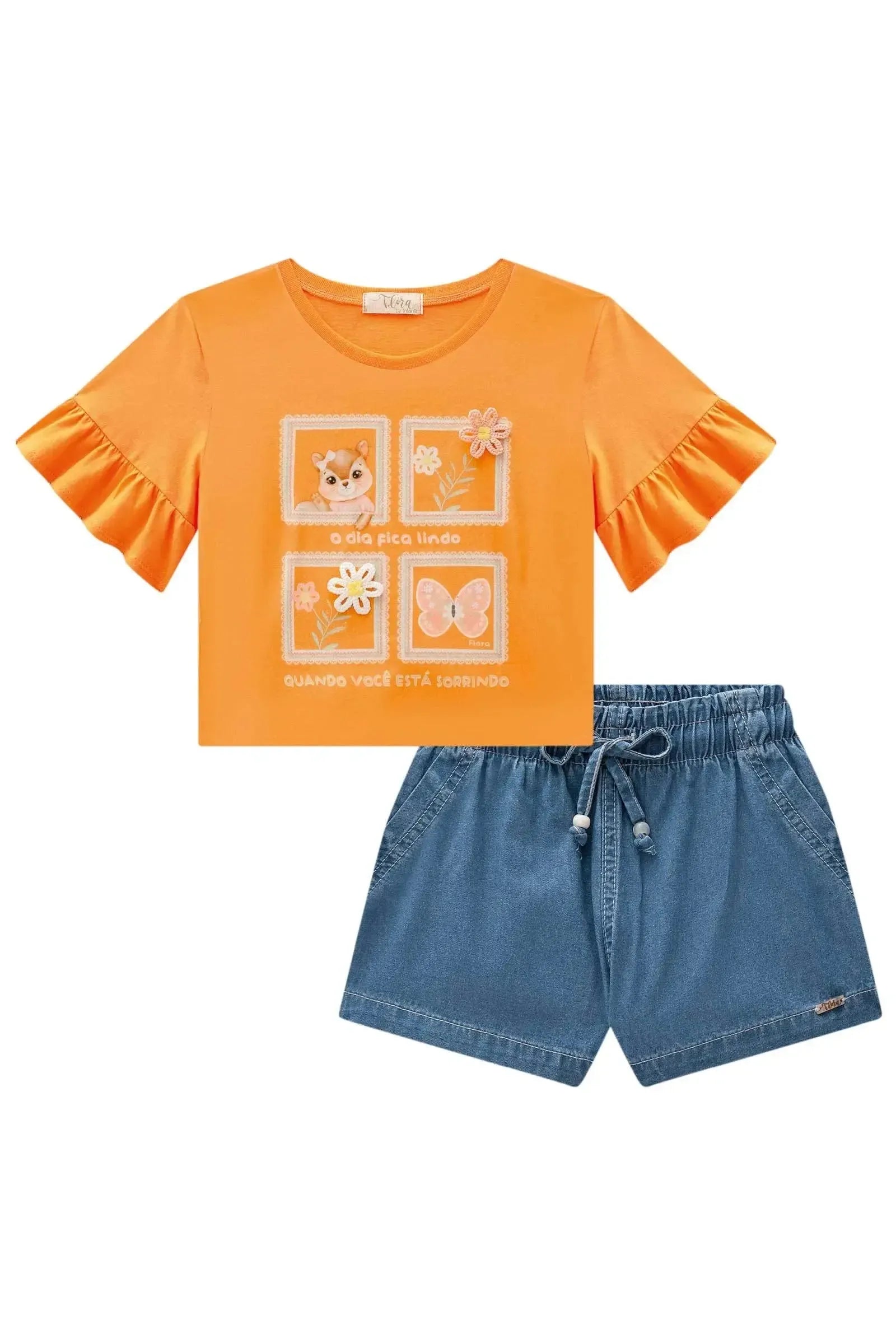 Conjunto de Blusa Boxy em Meia Malha com Shorts em Jeans 85191 Infanti Infantil Menina