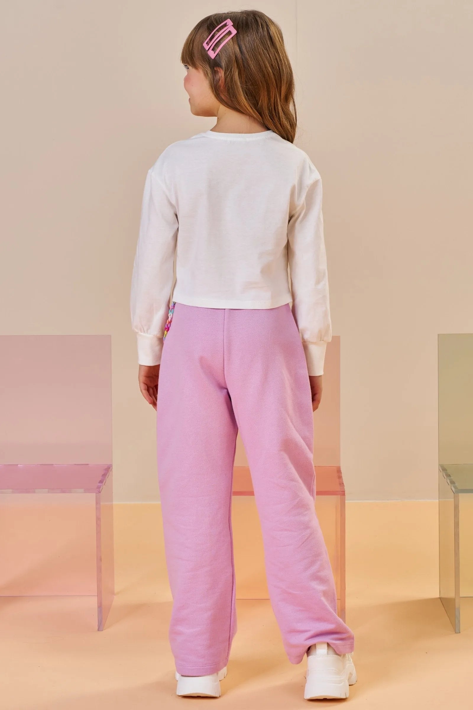 Conjunto de Blusa Boxy em Meia Malha e Calça Wide Leg em Moletom sem Pelúcia 91814 Infanti Infantil Menina