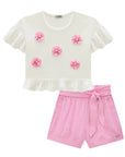 Conjunto de Blusa Boxy em Meia Malha e Laise e Shorts em Viscose Nice 84351 Infanti Infantil Menina