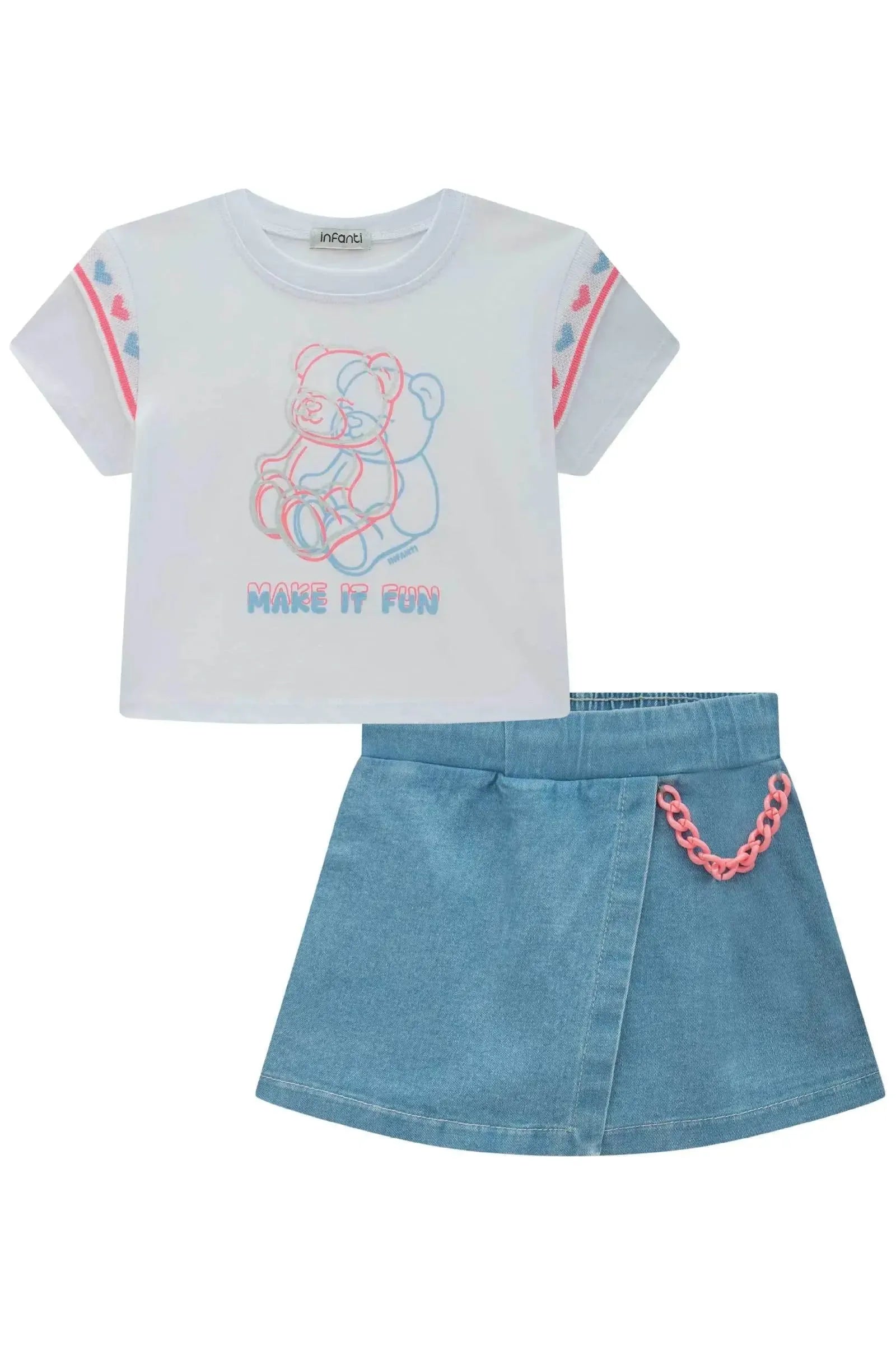 Conjunto de Blusa Boxy em Meia Malha e Short Saia em Jeans com Elastano 83449 Infanti Infantil Menina