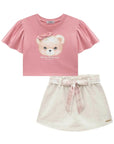 Conjunto de Blusa Boxy em Meia Malha e Short Saia em Moletom Linho sem Pelúcia 93242 Infanti Infantil Menina