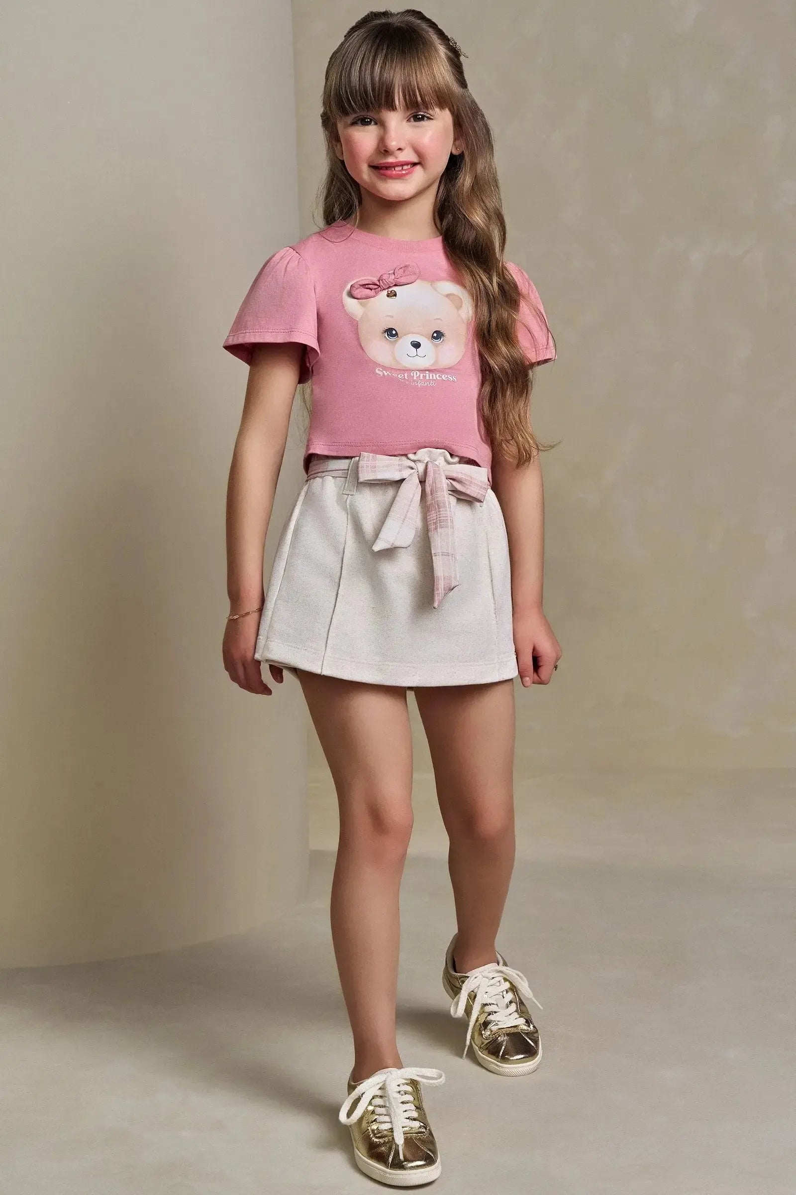 Conjunto de Blusa Boxy em Meia Malha e Short Saia em Moletom Linho sem Pelúcia 93242 Infanti Infantil Menina