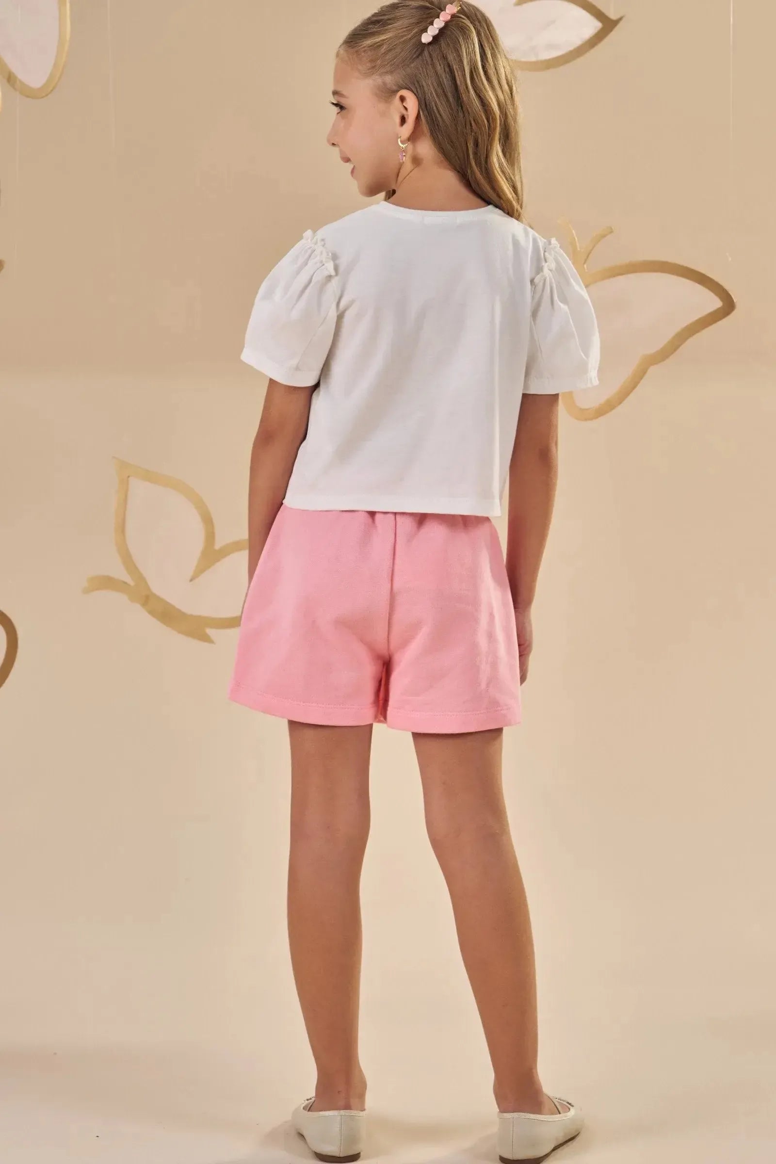 Conjunto de Blusa Boxy em Meia Malha e Short Saia em Moletom sem Pelúcia 87772 Infanti Infantil Menina