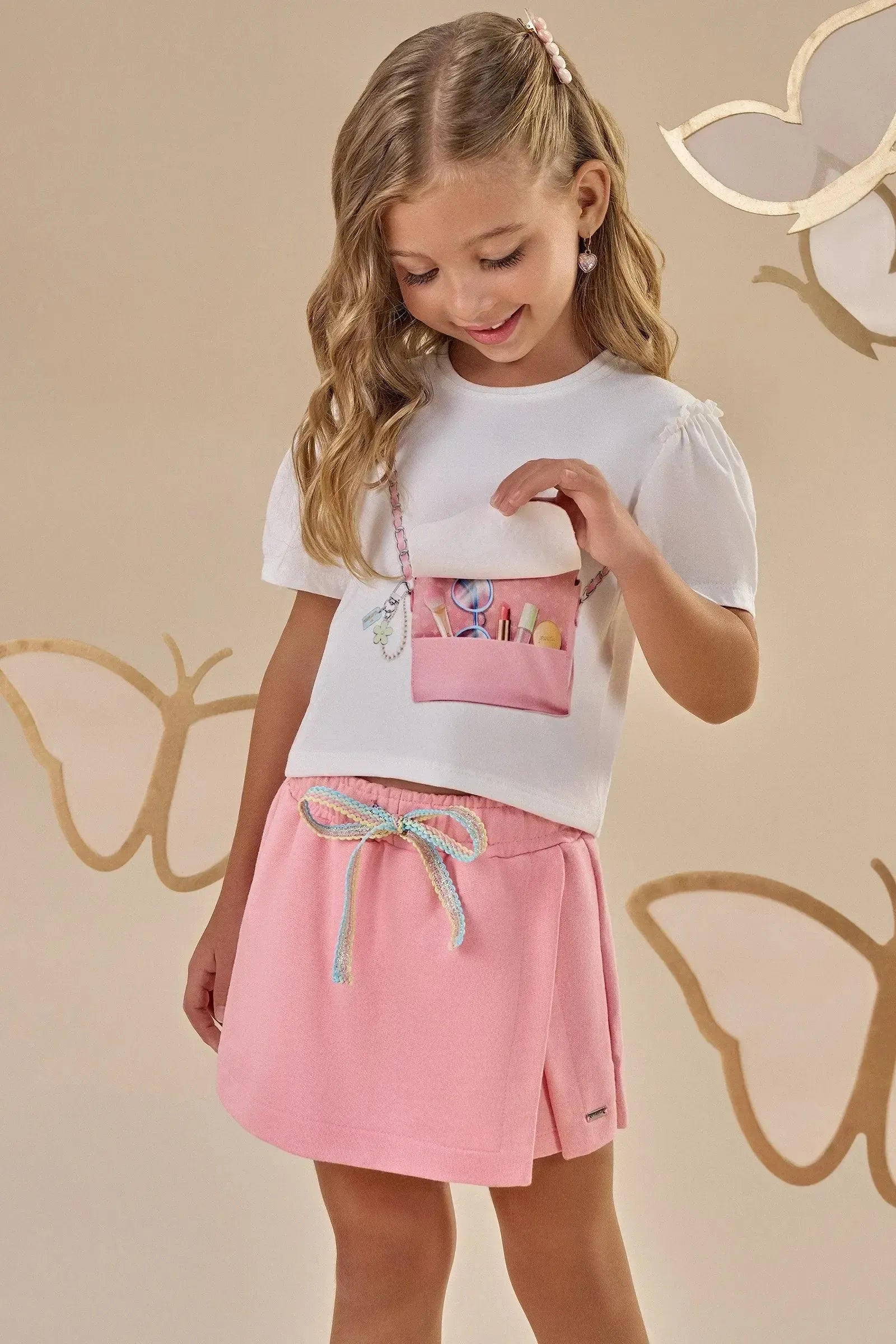 Conjunto de Blusa Boxy em Meia Malha e Short Saia em Moletom sem Pelúcia 87772 Infanti Infantil Menina