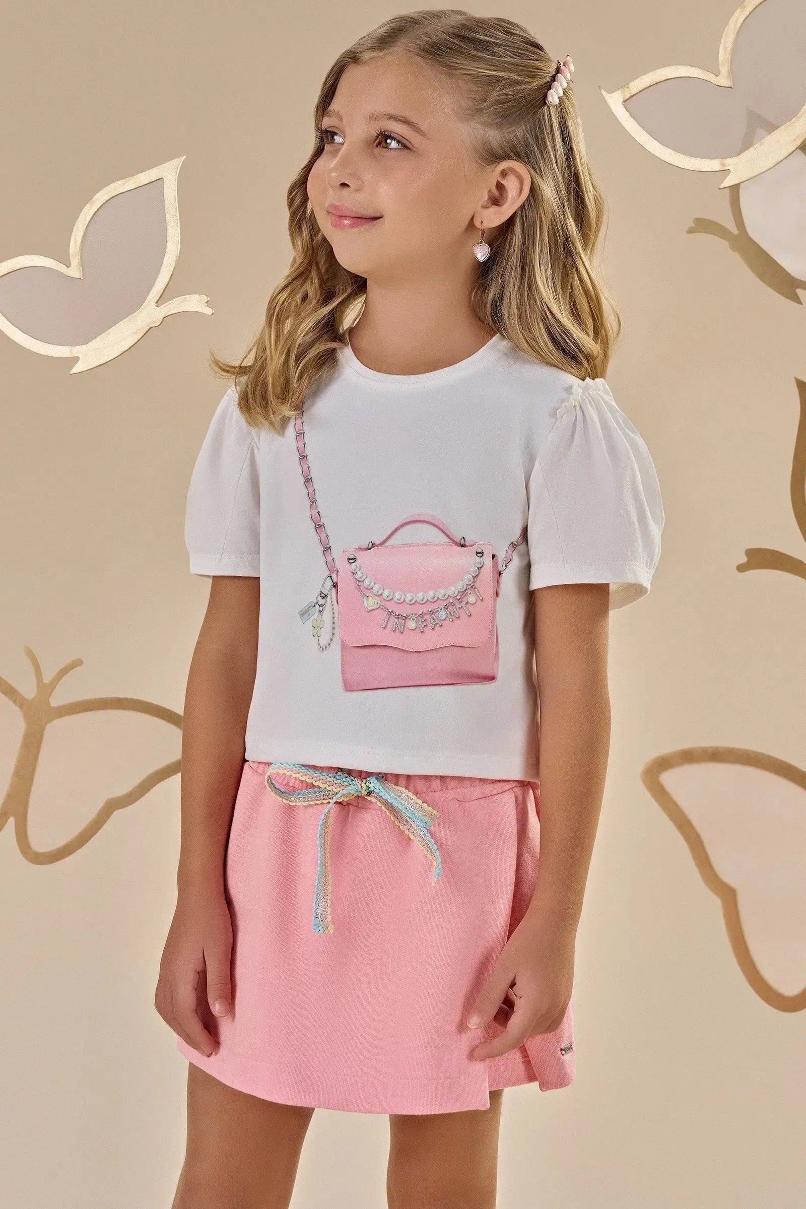 Conjunto de Blusa Boxy em Meia Malha e Short Saia em Moletom sem Pelúcia 87772 Infanti Infantil Menina
