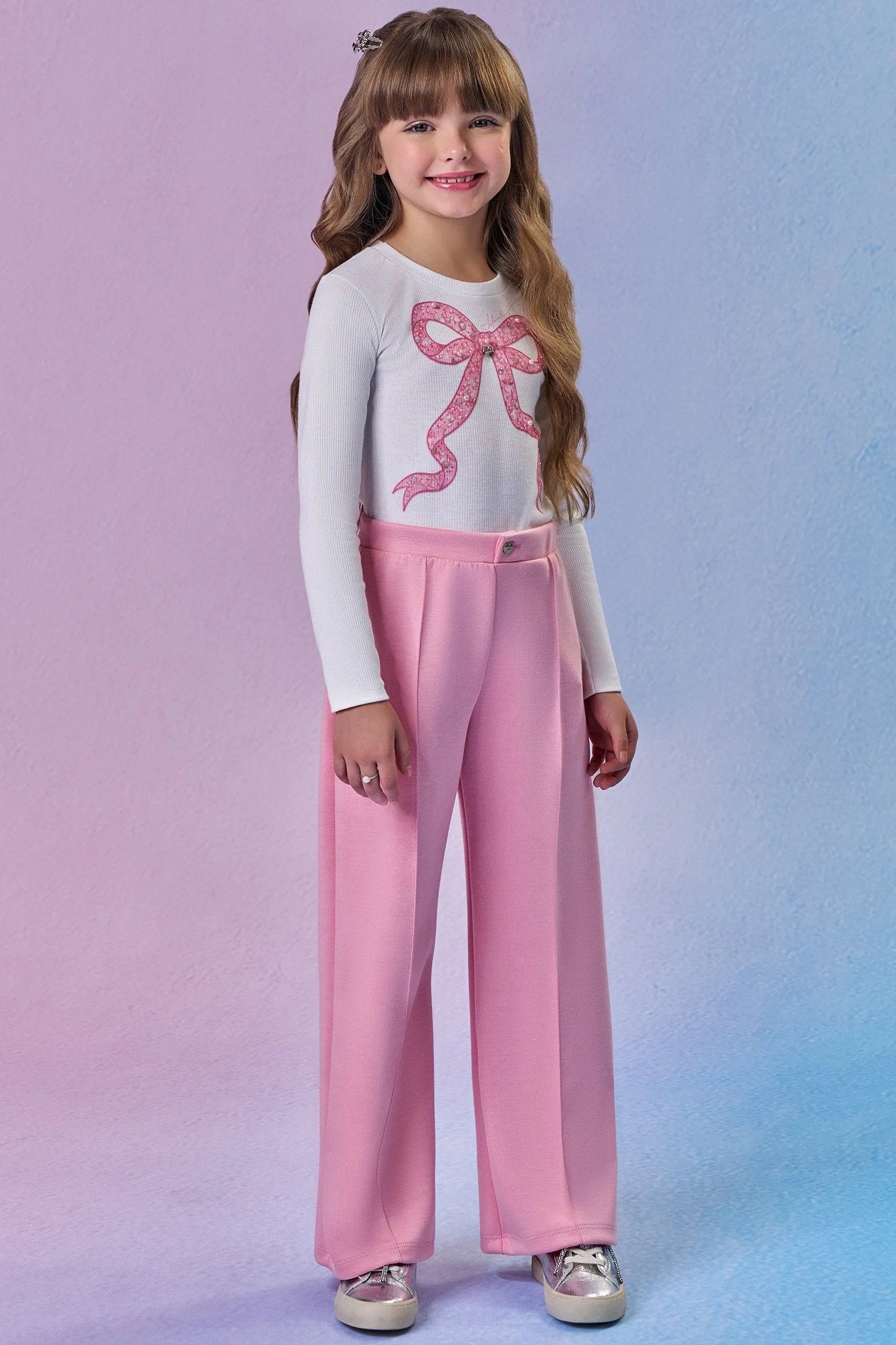 Conjunto de Blusa Boxy em Molecotton e Calça Wide Leg em Malha Tecnonew 92498 Infanti Infantil Menina