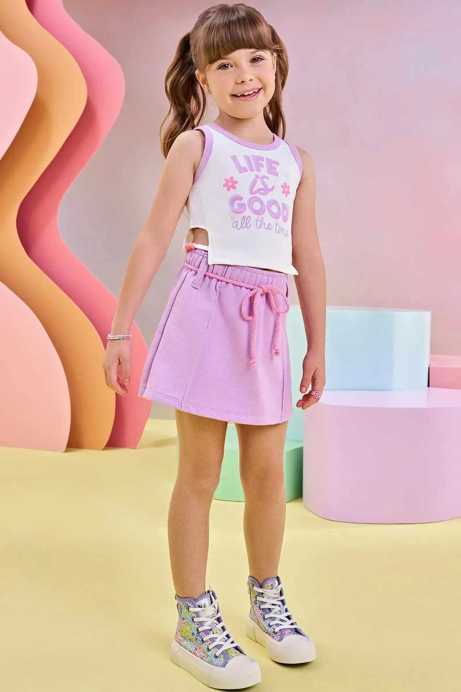 Conjunto de Blusa Boxy em Ribana Fancy e Short Saia em Moletom sem Pelúcia 83452 Infanti Infantil Menina