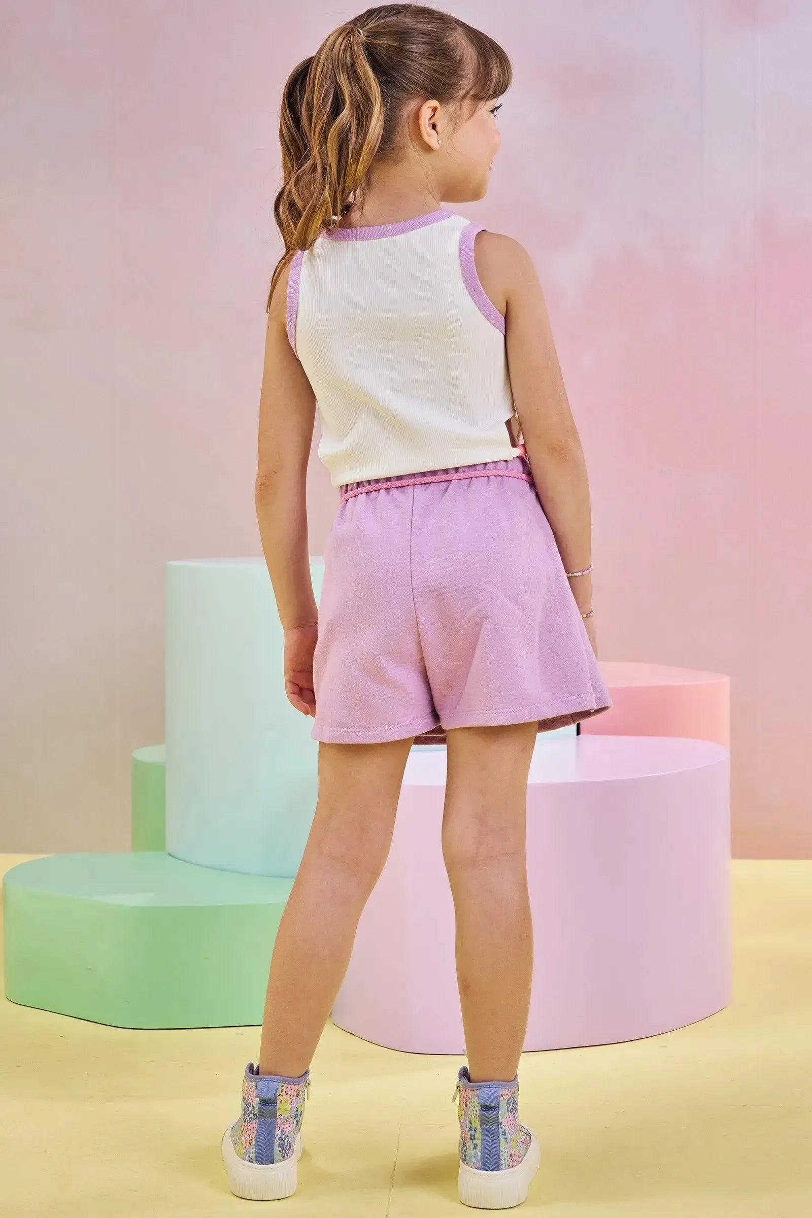 Conjunto de Blusa Boxy em Ribana Fancy e Short Saia em Moletom sem Pelúcia 83452 Infanti Infantil Menina