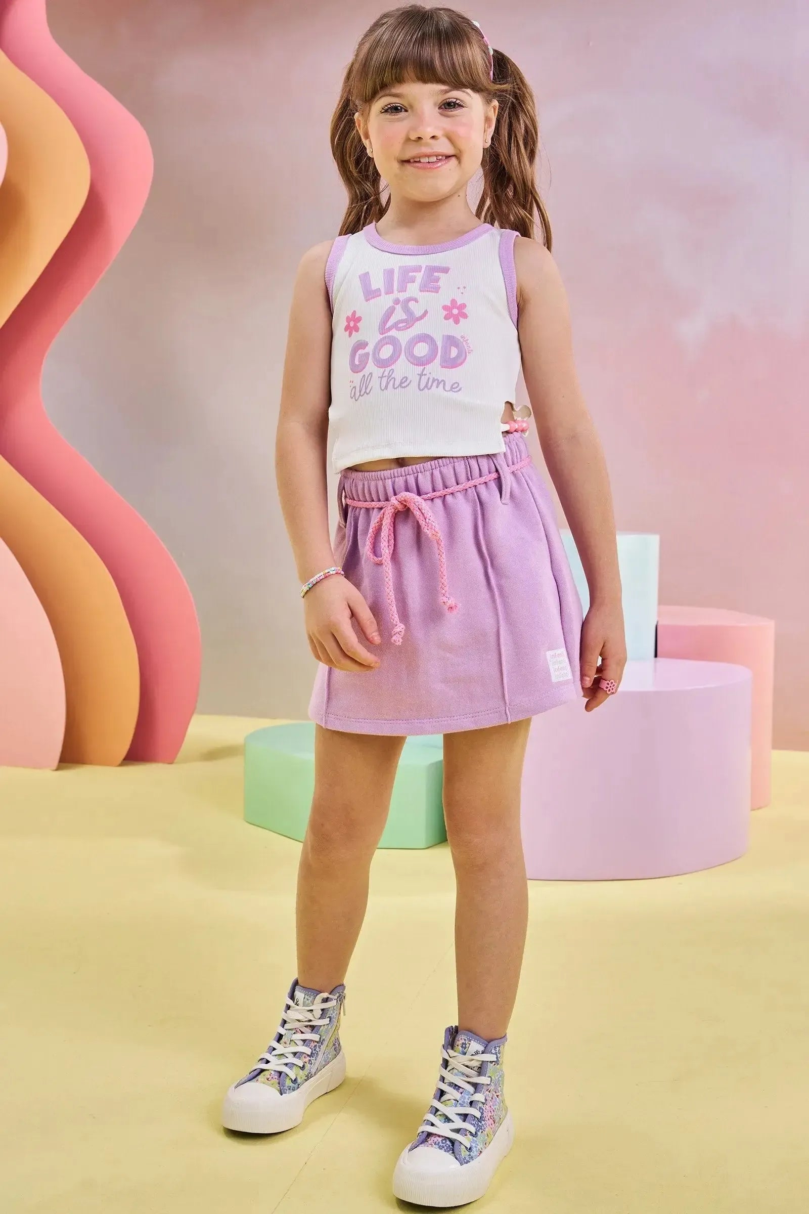 Conjunto de Blusa Boxy em Ribana Fancy e Short Saia em Moletom sem Pelúcia 83452 Infanti Infantil Menina