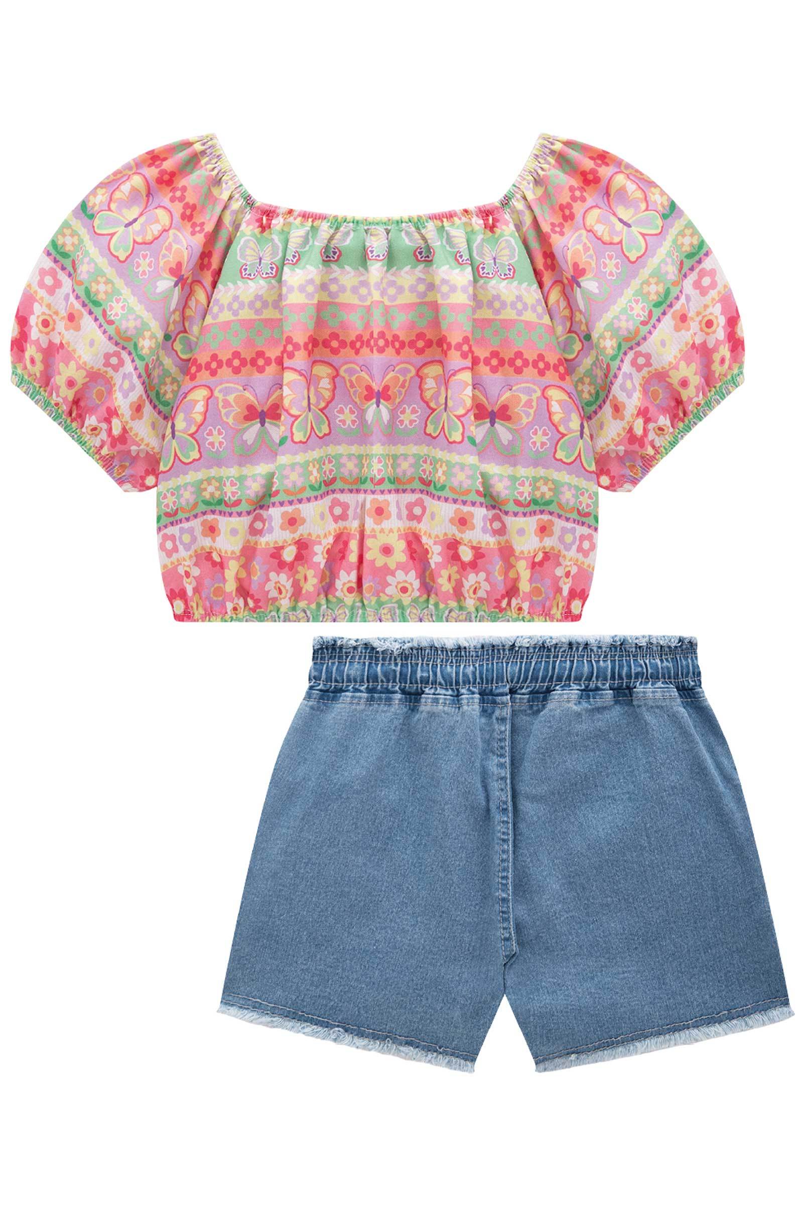 Conjunto de Blusa Boxy em Tecido Sarjado com Shorts em Jeans Bellini com Elastano 75688 Infanti