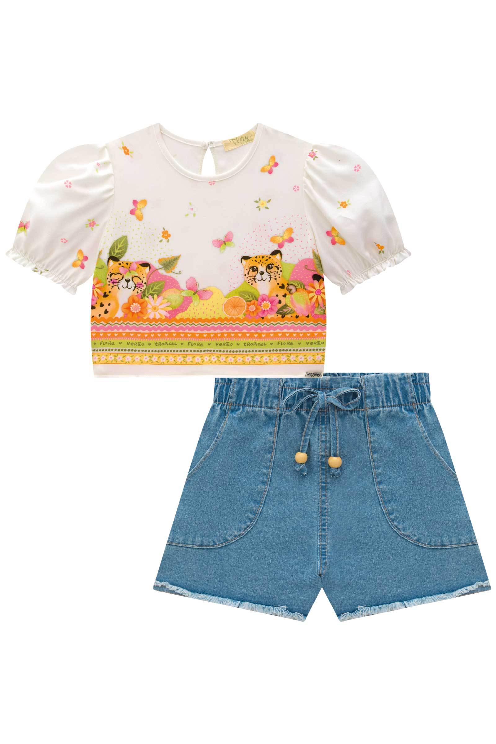 Conjunto de Blusa Boxy em Visco Twill com Shorts em Jeans Bellini com Elastano 77079 Infanti