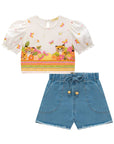 Conjunto de Blusa Boxy em Visco Twill com Shorts em Jeans Bellini com Elastano 77079 Infanti