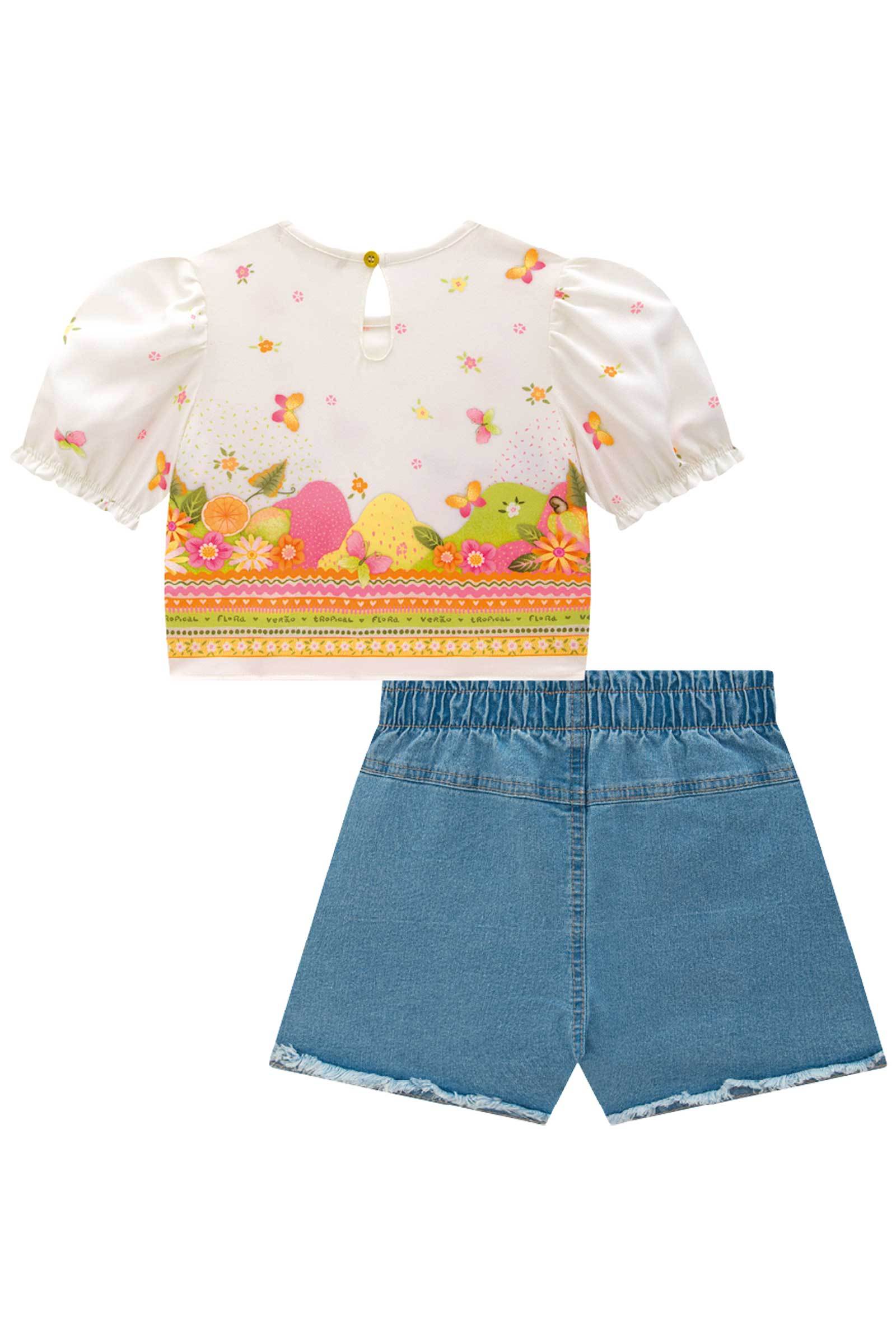 Conjunto de Blusa Boxy em Visco Twill com Shorts em Jeans Bellini com Elastano 77079 Infanti