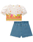 Conjunto de Blusa Boxy em Visco Twill com Shorts em Jeans Bellini com Elastano 77079 Infanti