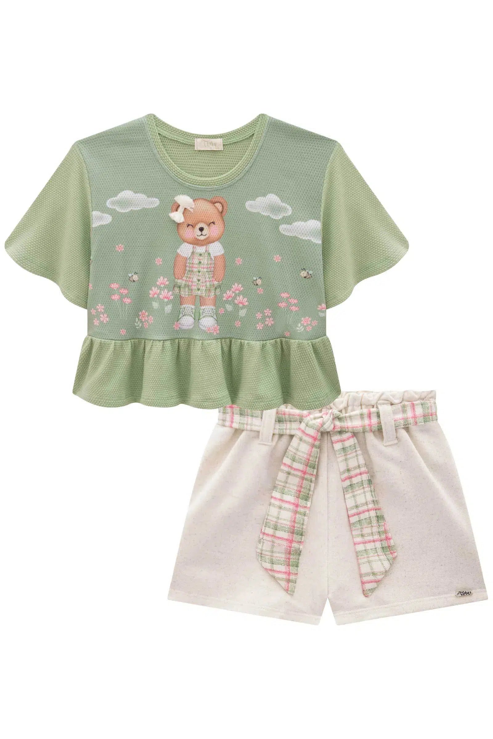 Conjunto de Blusa Boxy Over em Malha Bee com Shorts em Moletom sem Pelúcia 81489 Infanti