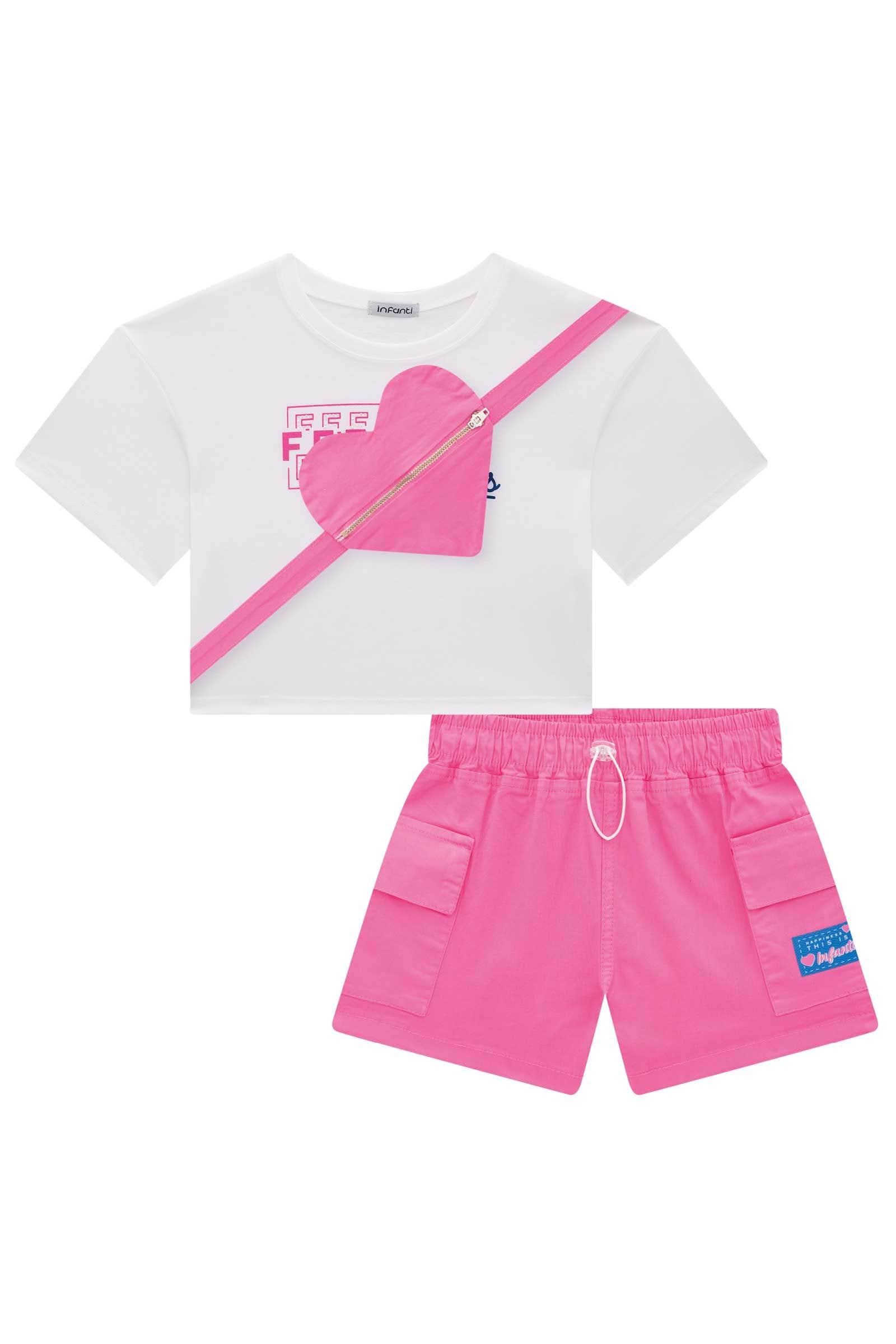 Conjunto de Blusa Boxy Over em Meia Malha com Shorts em Sarja Daryl com Elastano 76107 Infanti